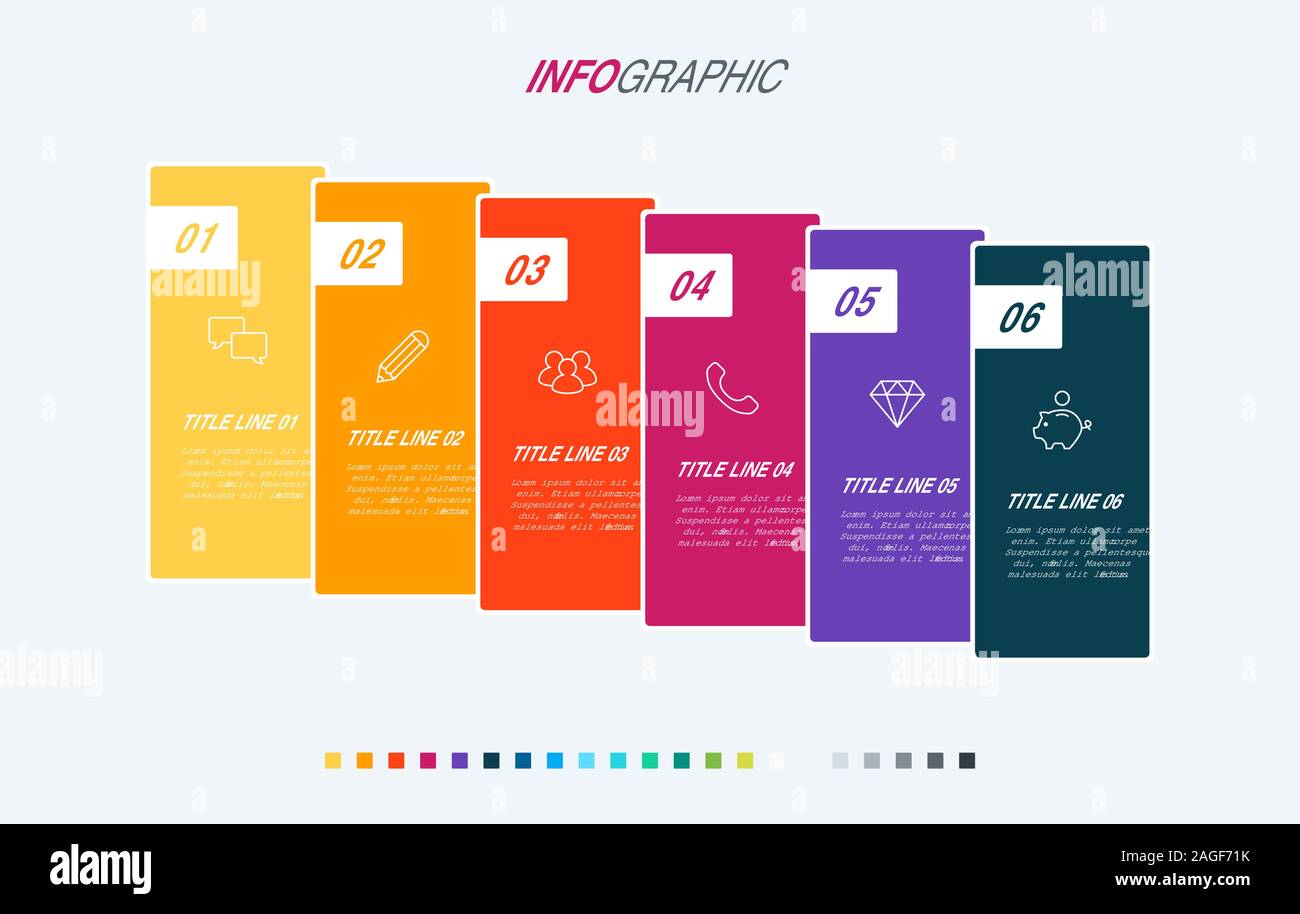 Colorful diagram, infographic template. Timeline with 6 options. Workflow process for business. Vector design. Warm palette. Stock Vector