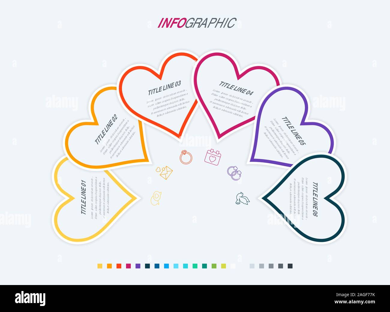 Colorful diagram, heart infographic template. Timeline with 6 hearts. Love workflow process for valentines. Vector design. Warm palette. Stock Vector