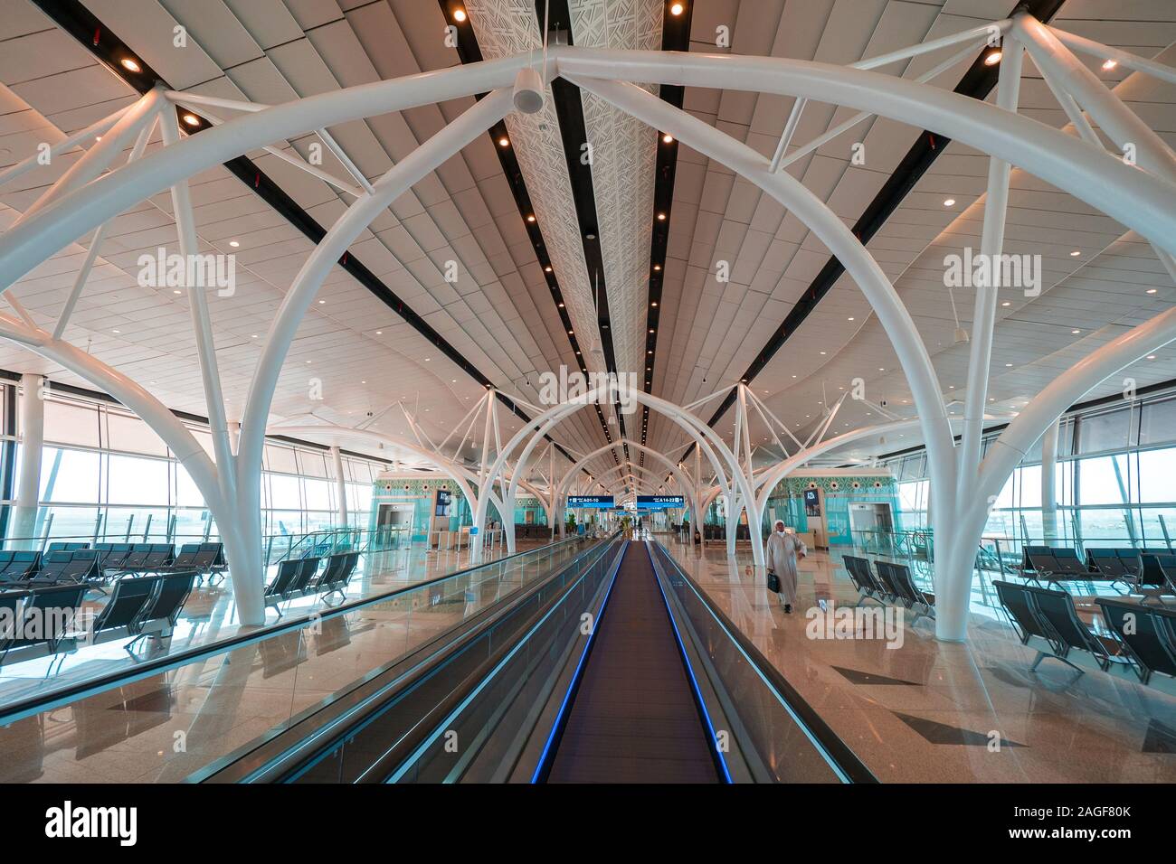 Interior view of the brand new Terminal 1 at the King Abdulaziz International Airport (JED) in Jeddah, Saudi Arabia, during a test run in 2019 Stock Photo