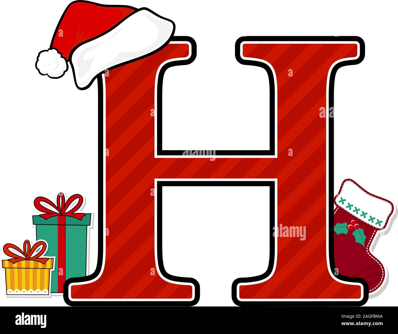 capital letter h with red santa's hat and christmas design elements
