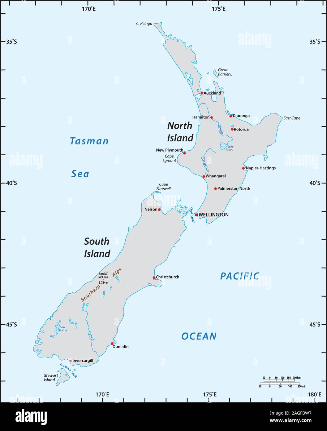 simple map of New Zealand with degrees of longitude and latitude Stock Vector