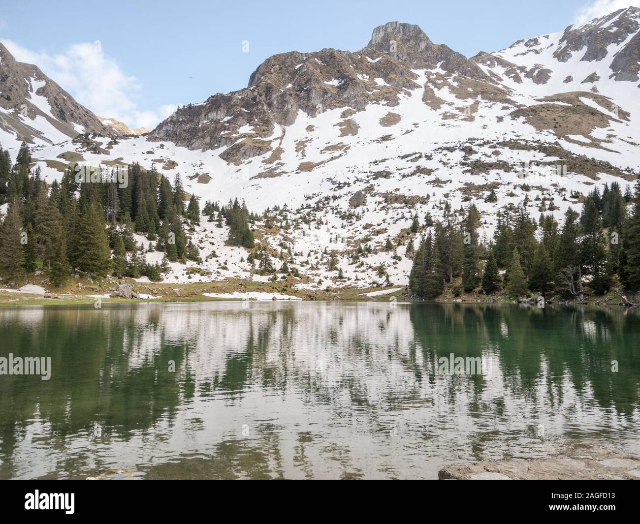 Gantrischseeli (Gantrisch Lake) in the Gantrisch Nature Park during springtime, canton of Bern, Bernese Oberland, Swiss Alps, Switzerland Stock Photo