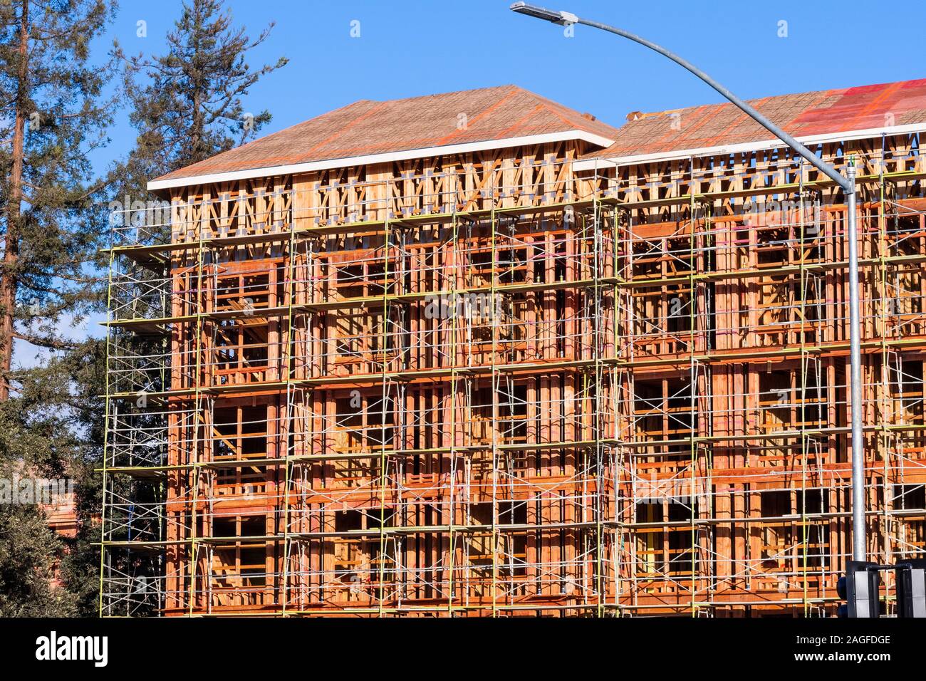Multifamily residential building under construction in Santa Clara; the entire Silicon Valley and San Francisco Bay Area has faced a housing crisis, w Stock Photo