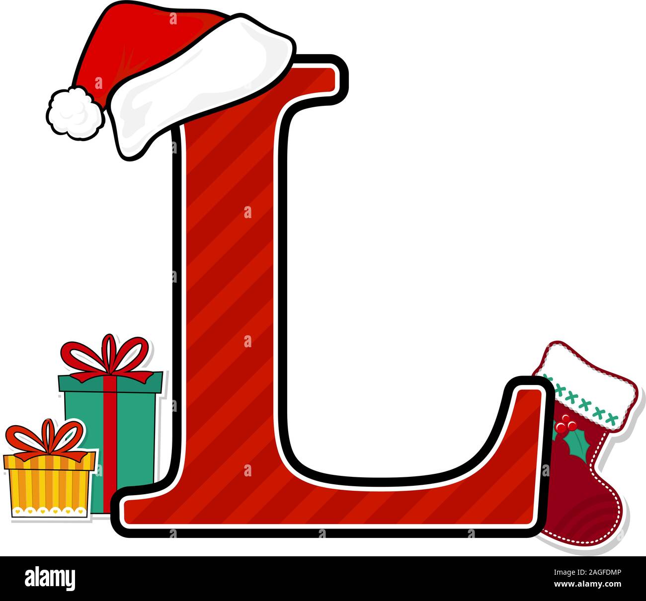 capital letter l with red santa's hat and christmas design elements isolated on white background. can be used for holiday season card, nursery decorat Stock Vector