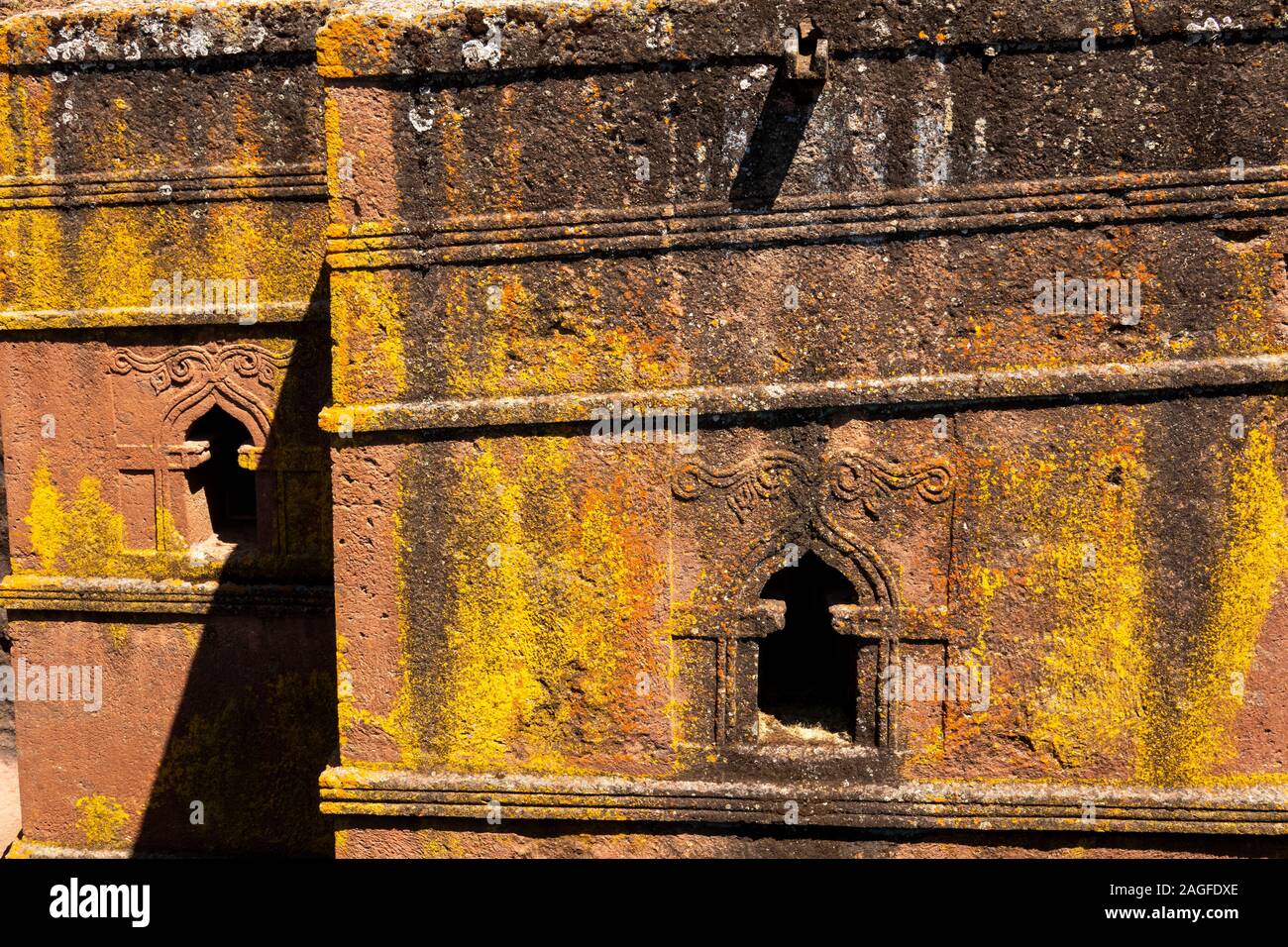 Ethiopia, Amhara Region, Lalibela, Bet Giyorgis, St George’s Lailibela’s only uncovered rock cut church, wall and window detail Stock Photo