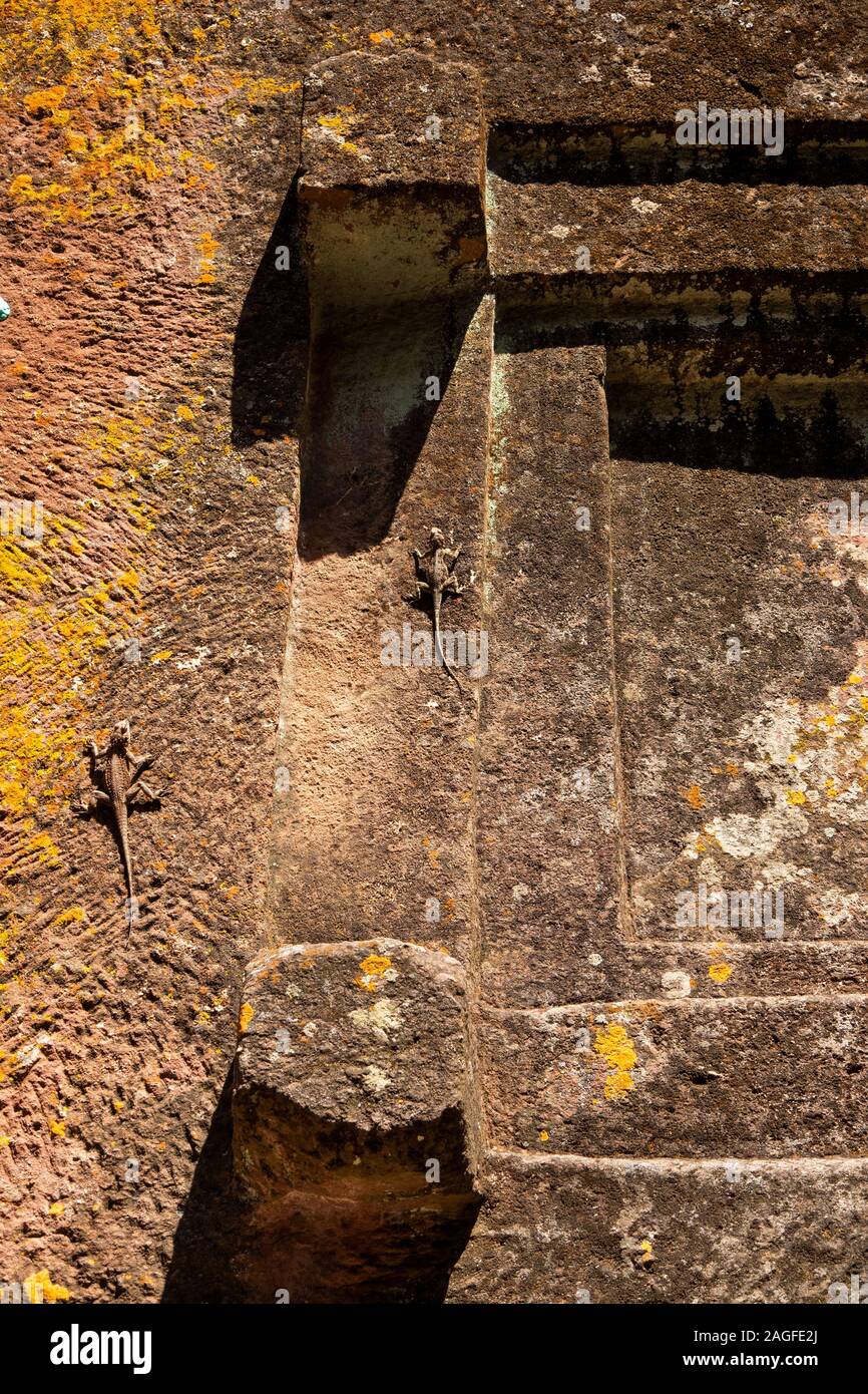 Ethiopia, Amhara Region, Lalibela, Bet Giyorgis, St George’s Lailibela’s only uncovered rock cut church, window detail Stock Photo