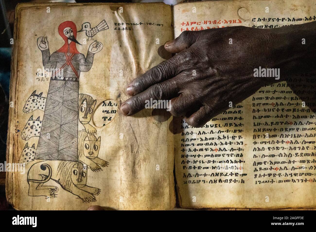 Ethiopia, Amhara Region, Lalibela, Arbatu Ensessa, Biblia Chirkos, ancient rock hewn church, priest’s hand on 800 year-old illuminated gospel showing Stock Photo