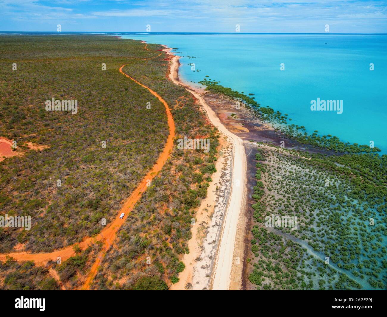 Aerial view of earth textures, road and ocean, Western Australia, Francois Peron Stock Photo