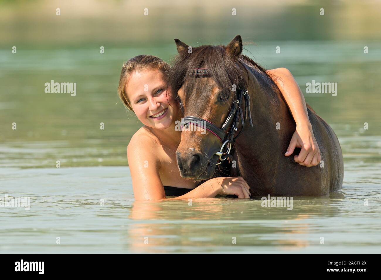 Young woman and a Miniature Shetland pony in a lake Stock Photo