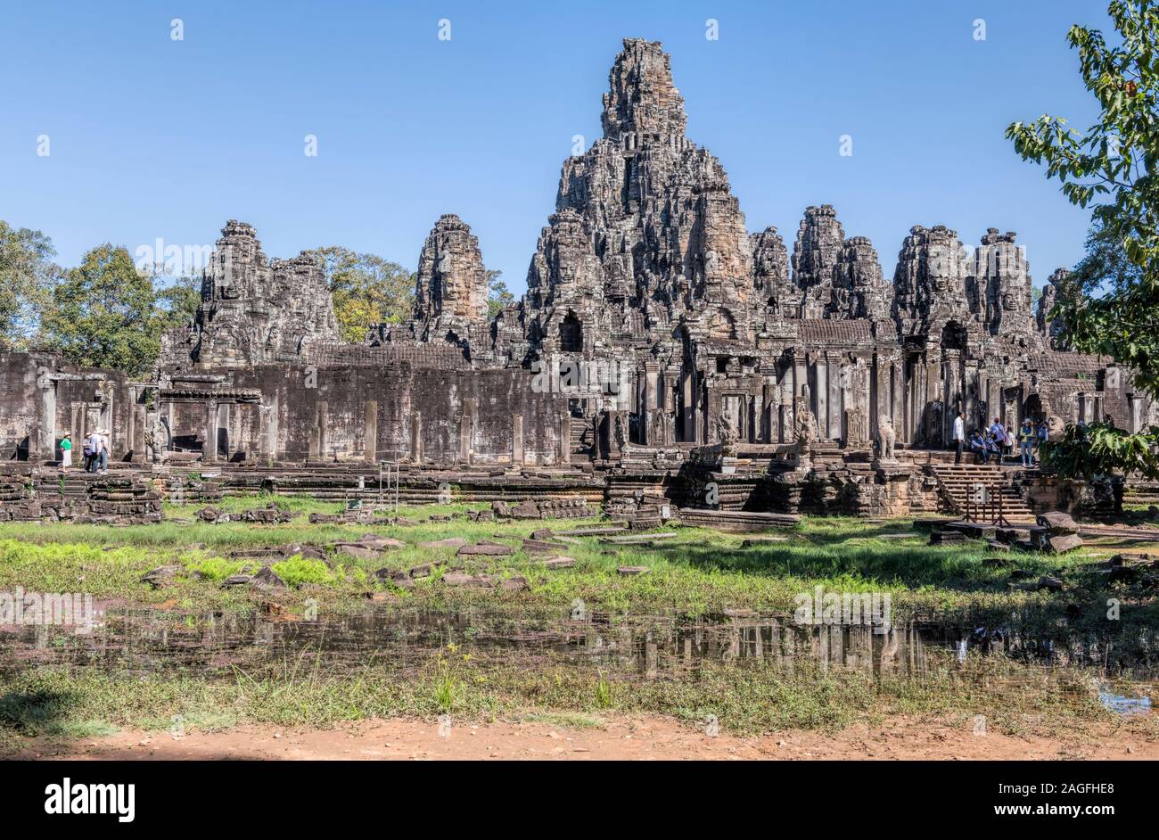 Bayon Temple Buddha statues and carvings Angkor Thom Complex Siem Reap Cambodia Stock Photo