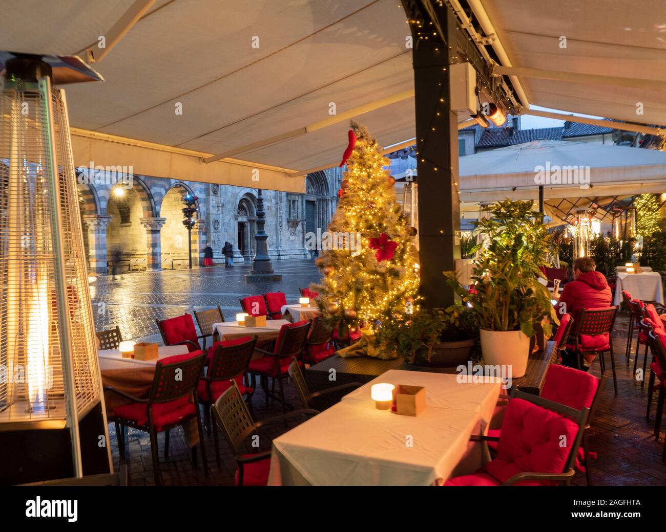 warm and welcoming outdoor cafe during the Christmas holidays Stock Photo