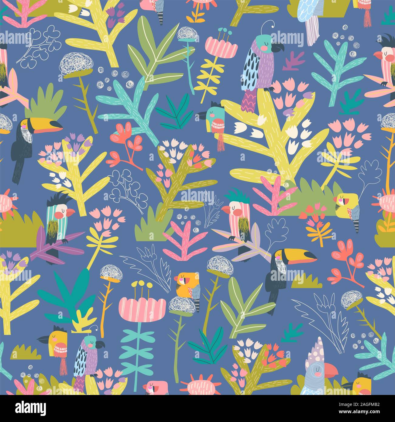 Seamless floral pattern with birds on blue background Stock Vector