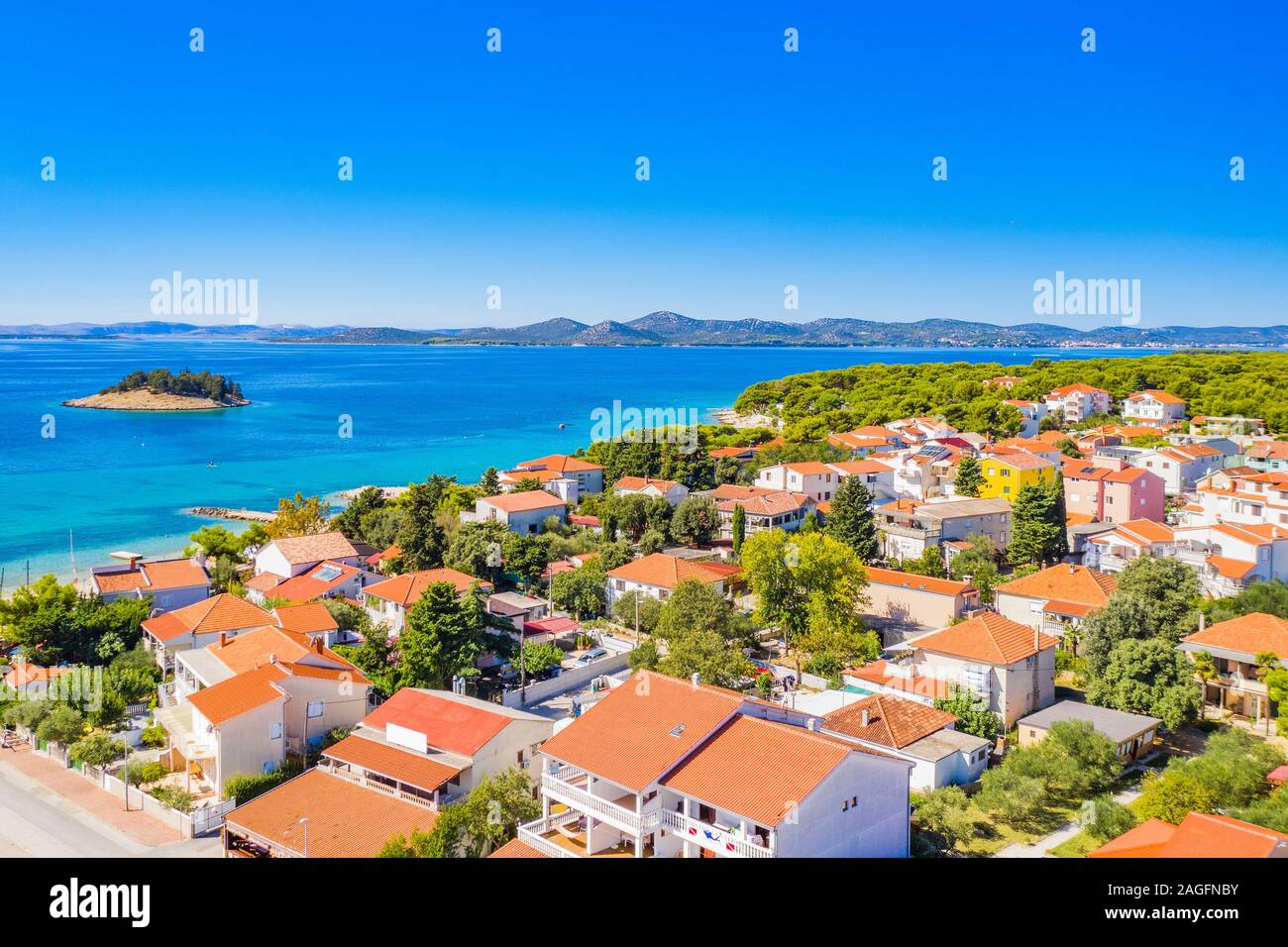 Small Adriatic town of Pakostane, aerial view, Dalmatia, Croatia, seascape view from drone Stock Photo