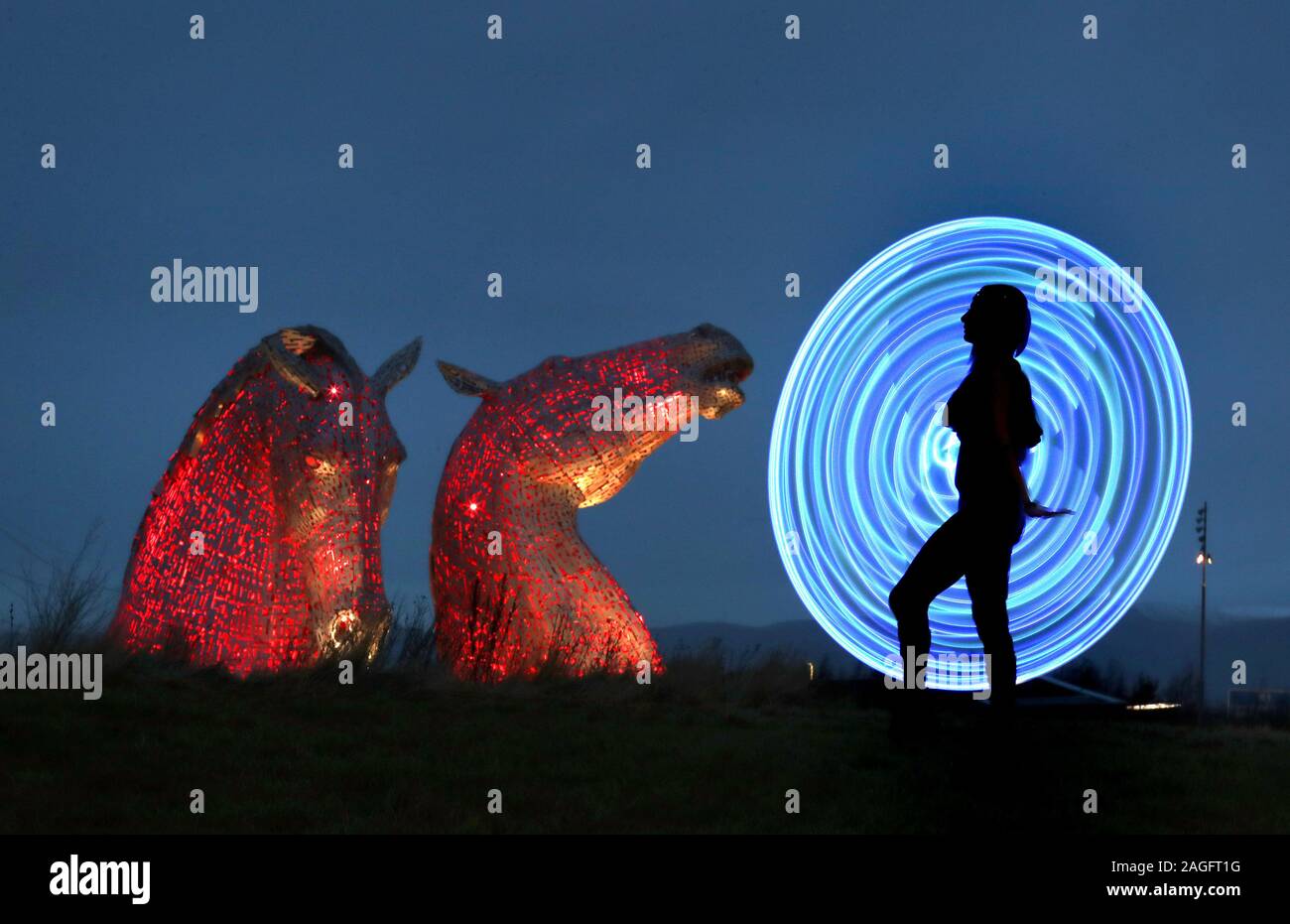 LED Hooper Daiquiri Dusk performs at a preview for Fire & Light: 2020 Visions held at The Helix, home of The Kelpies on January 1st & 2nd. Fire & Light: 2020 Visions encourages visitors to embrace the adventure of a New Year with a walk through The Helix park towards the magical Kelpies, interacting with an amazing array of performances and installations along the way. Stock Photo