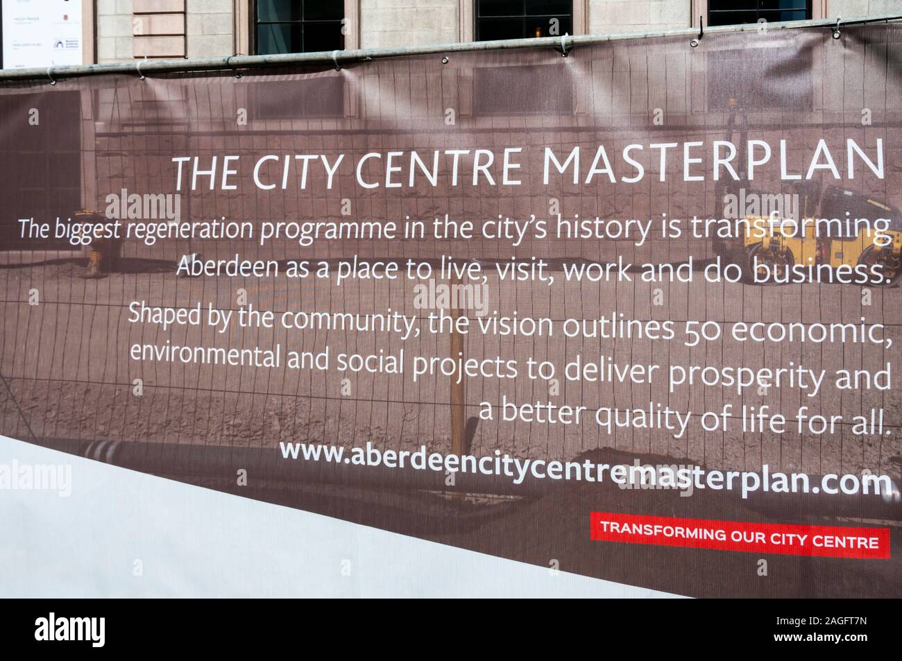A banner promoting the Aberdeen City Centre Masterplan for regeneration of the city. Stock Photo
