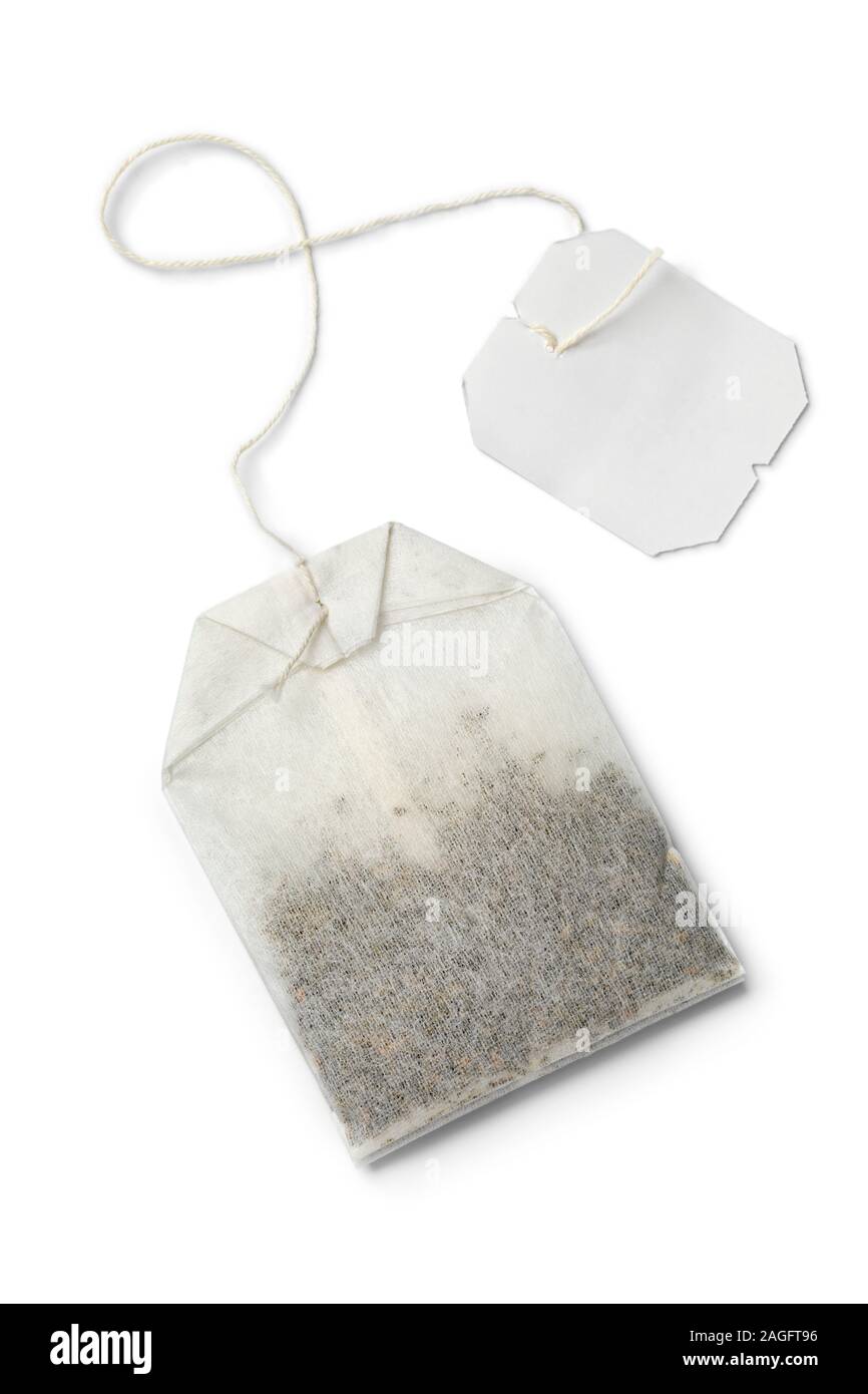 Paper tea bag with empty label isolated on white background Stock Photo