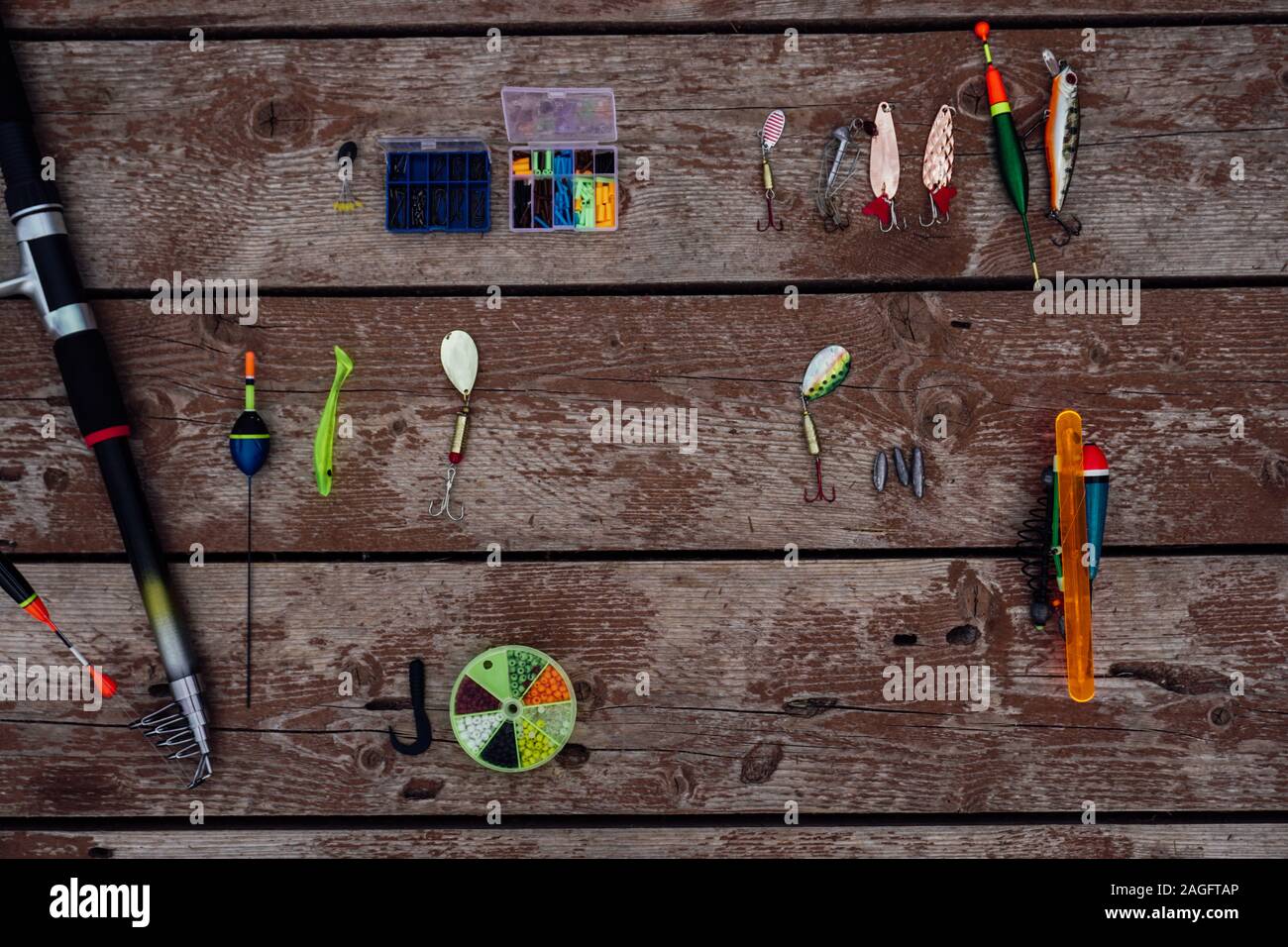 fishing tackle fisherman hooks a fish floats fishing rods Stock Photo