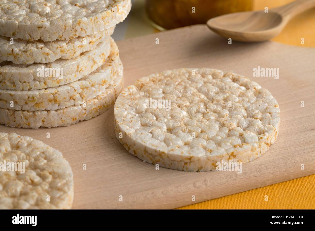 Whole round rice waffles for breakfast or lunch Stock Photo