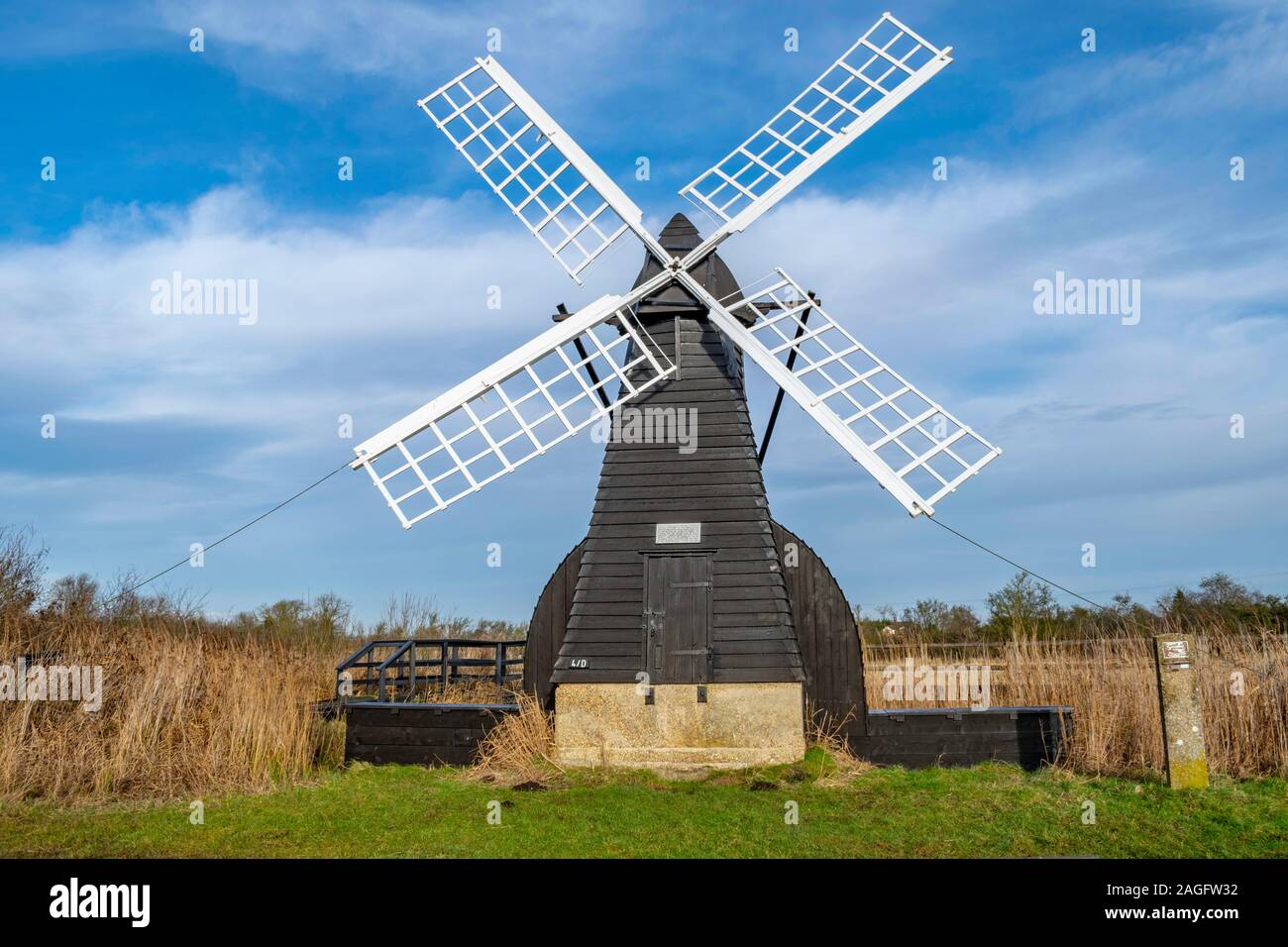 Old Wind Pump and WIcken fen with tall wetland grasses on a sunny day. Stock Photo