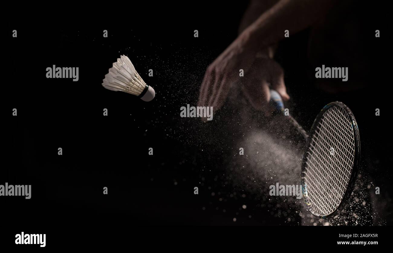 Badminton racket and shuttlecock in motion , shuttlecock sport Stock