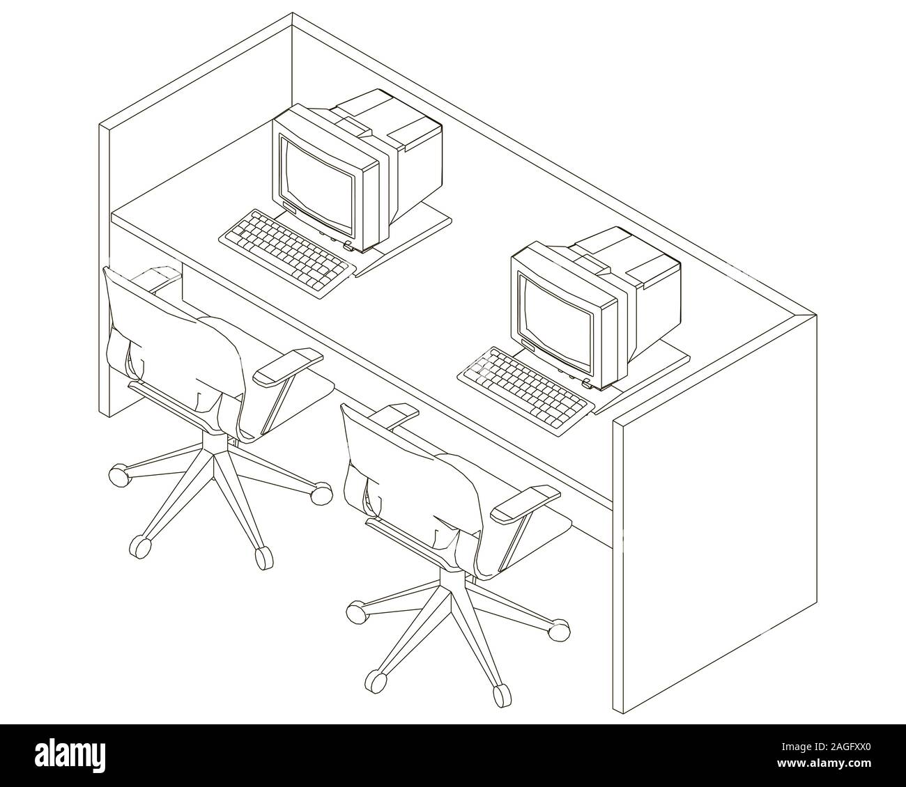 Contour office desk with old computers and armchairs. View isometric