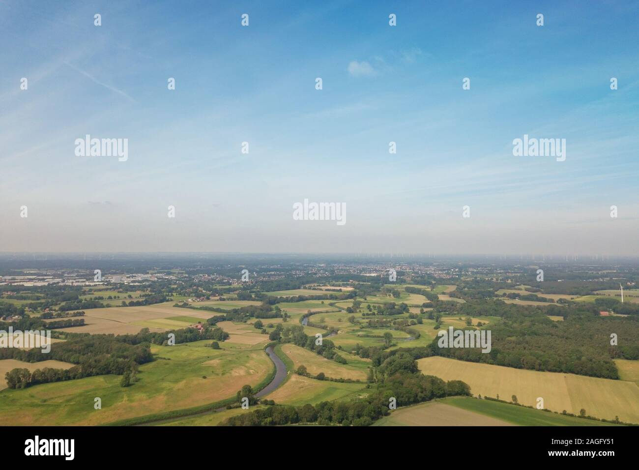 Aerial view of Munsterland landscape with blue sky in summer in Germany Stock Photo