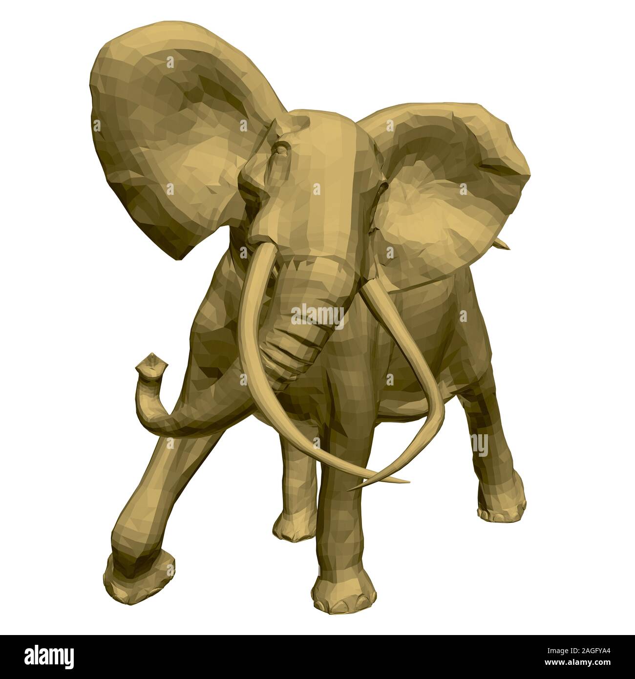Polygonal golden elephant model. An elephant isolated on a white background walks waving tusks and a trunk. 3D. Vector illustration. Stock Vector