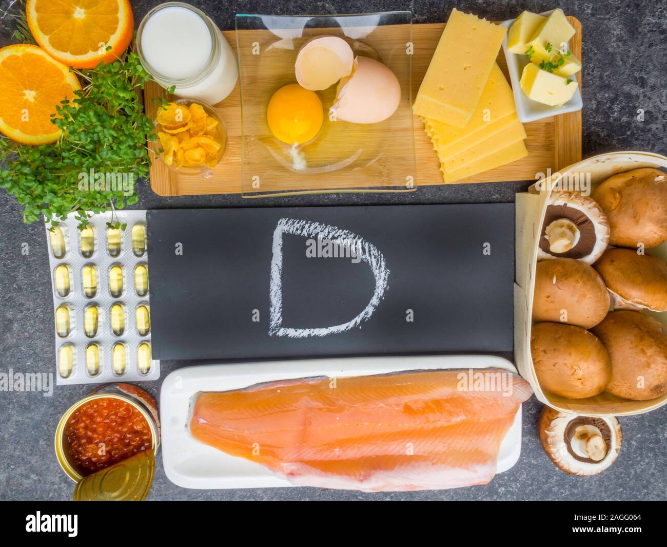Food sources of vitamin D, including fish, egg, dairy, mushrooms