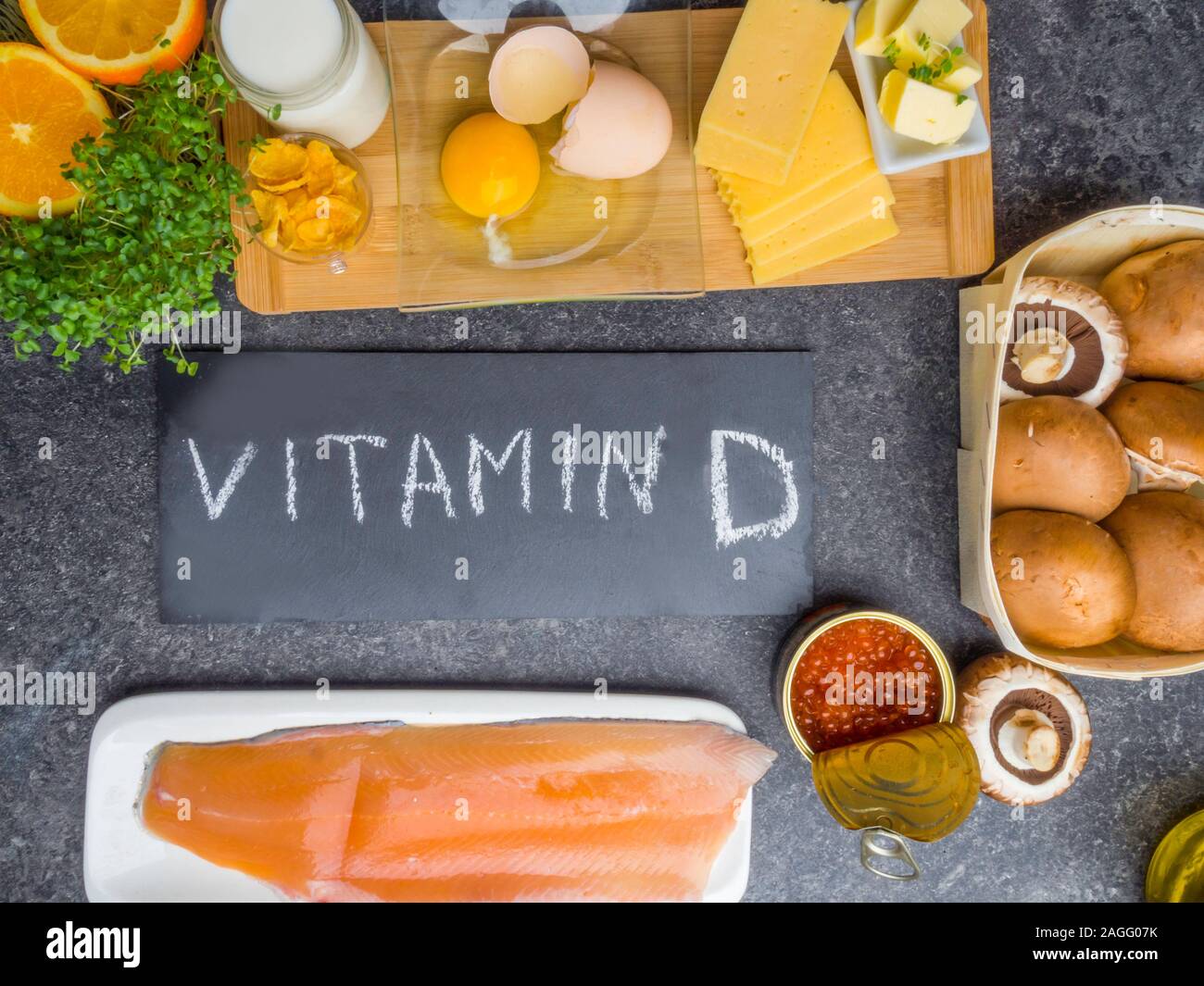 Food sources of vitamin D, including fish, egg, dairy, mushrooms