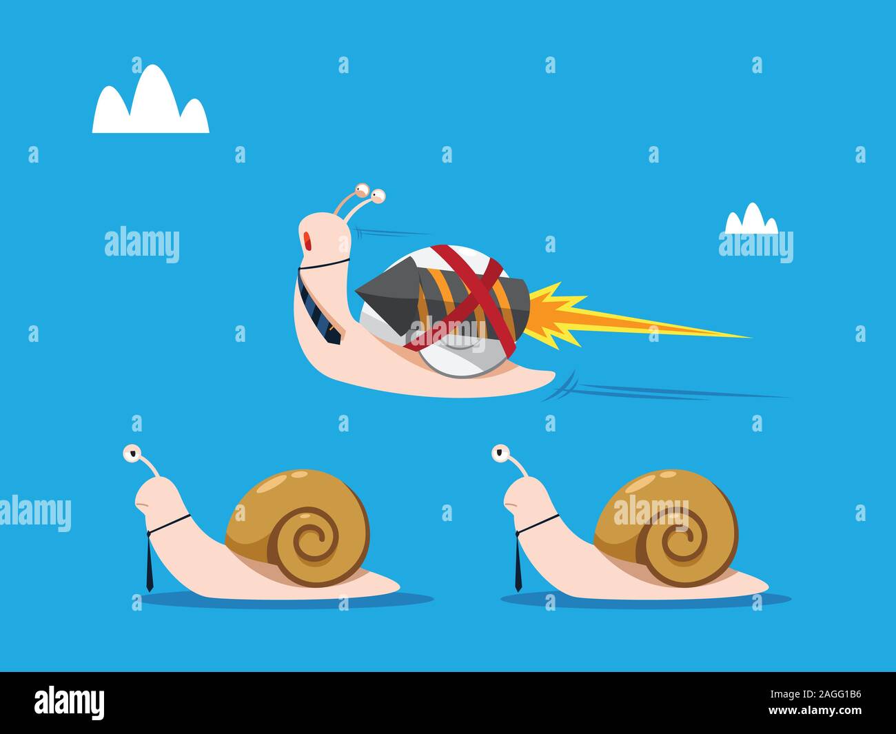 Rocket snail with necktie passing trough other snails Stock Vector