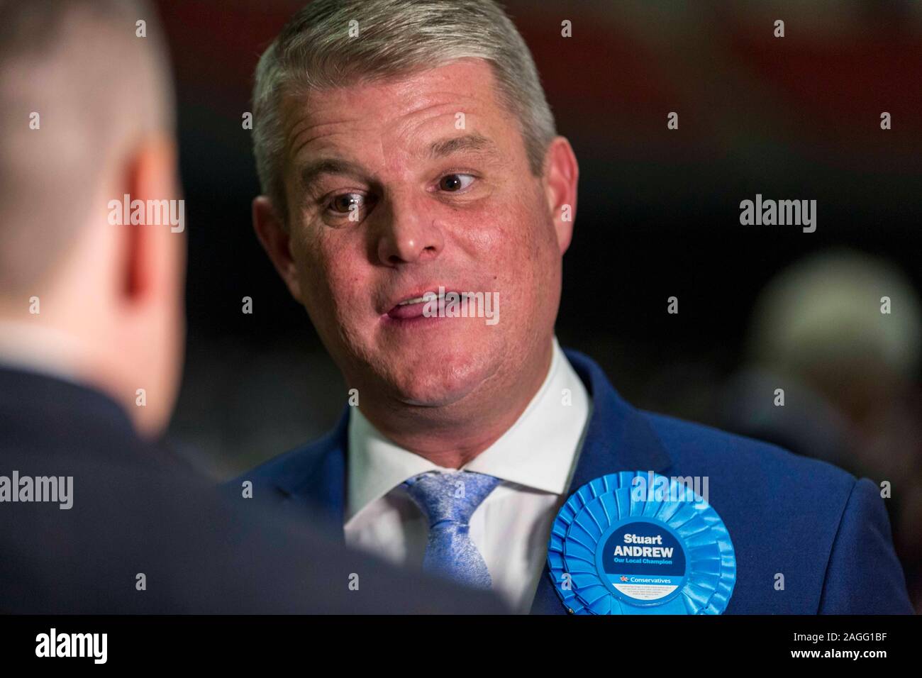 Picture by Chris Bull   13/12/19 General Election 2019 count and results at Leeds Arena. Pudsey Conservative Candidate Stuart Andrew. www.chrisbullphotographer.com Stock Photo
