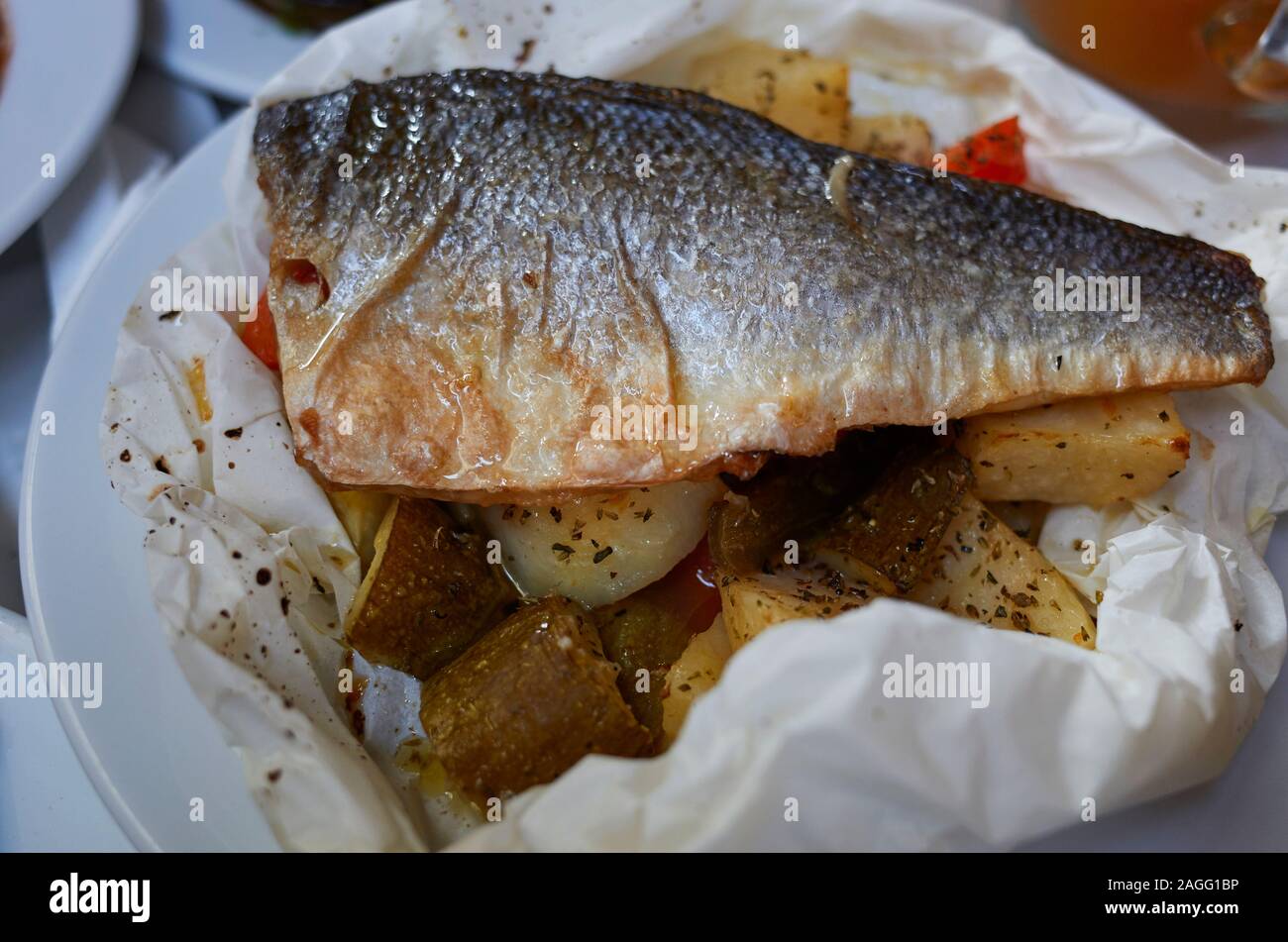 Sea bass fillet on a taverna Greece Stock Photo