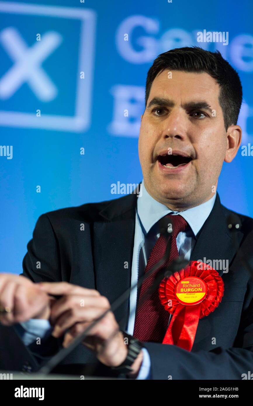 Picture by Chris Bull   13/12/19 General Election 2019 count and results at Leeds Arena. Leeds East Labour  Candidate Richard Burgon on stage after being declared winner.  www.chrisbullphotographer.com Stock Photo