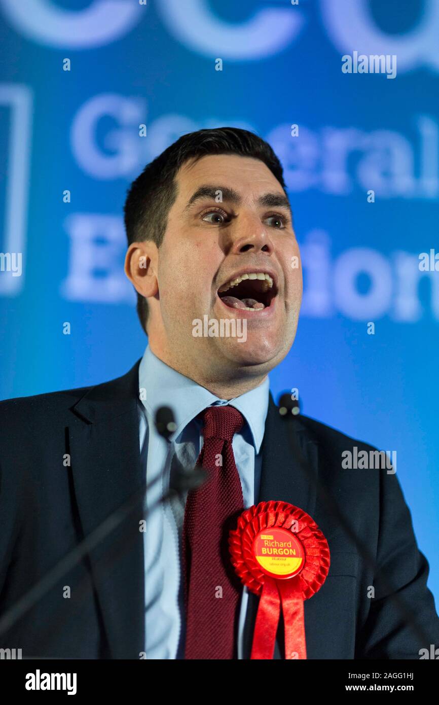 Picture by Chris Bull   13/12/19 General Election 2019 count and results at Leeds Arena. Leeds East Labour  Candidate Richard Burgon on stage after being declared winner.  www.chrisbullphotographer.com Stock Photo