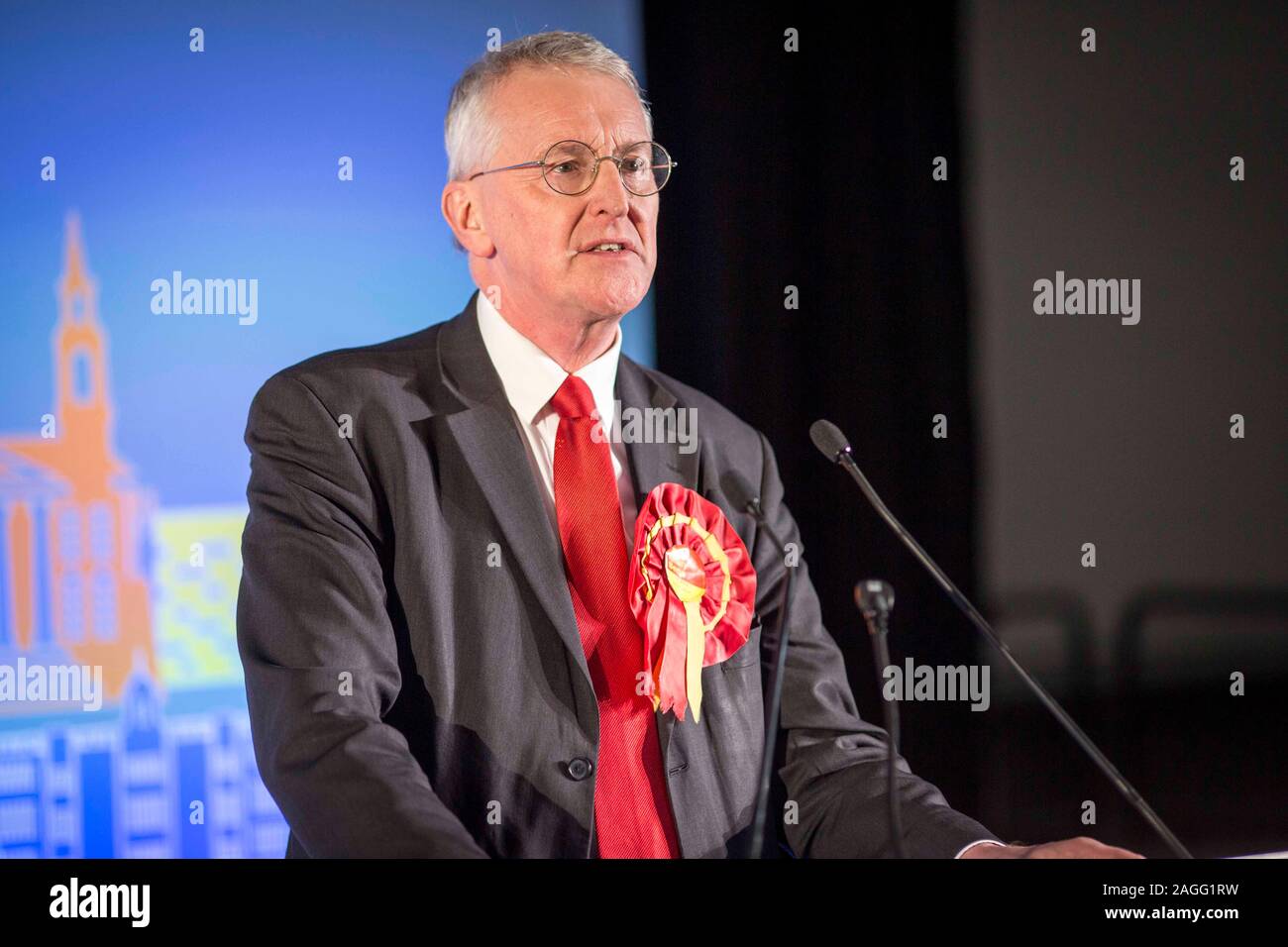 Picture by Chris Bull   13/12/19 General Election 2019 count and results at Leeds Arena. Leeds Central Labour candidate Hilary Benn on stage after being declared winner.  www.chrisbullphotographer.com Stock Photo