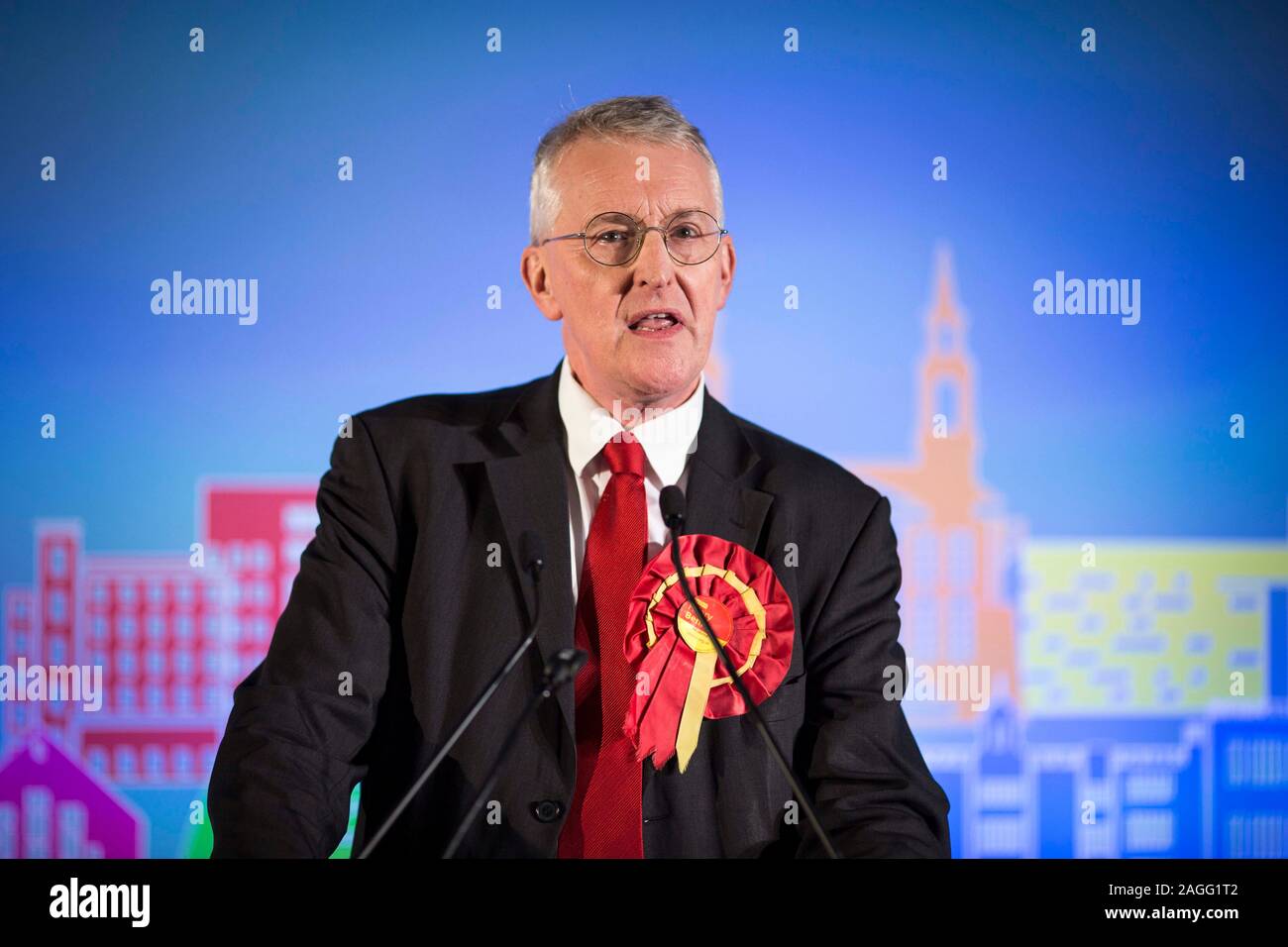 Picture by Chris Bull   13/12/19 General Election 2019 count and results at Leeds Arena. Leeds Central Labour candidate Hilary Benn on stage after being declared winner.  www.chrisbullphotographer.com Stock Photo