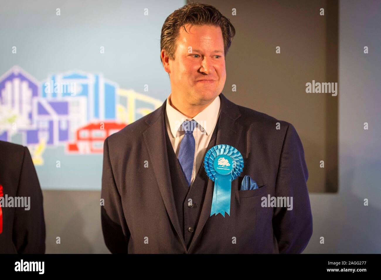 Picture by Chris Bull   13/12/19 General Election 2019 count and results at Leeds Arena. Alec Shelbrooke (Conservative)    www.chrisbullphotographer.com Stock Photo