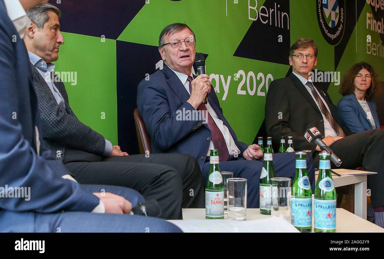 19 December 2019, Berlin: Volleyball: Press conference of the European Volleyball Association CEV at the Hotel Adlon with representatives of DVV, VBL, BR Volleys and the Senate Administration for Internal Affairs and Sport. Aleksandar Boricic (M), President CEV, addressed those present. Kaweh Niroomand (l), Managing Director BR Volleys, Rene Hecht (2nd from right), President DVV, and Gabriele Freytag (r), Head of Sports Department, sit next to him. The European Volleyball Association (CEV), the German Volleyball Association (DVV), the Volleyball Bundesliga (VBL), the City of Berlin and Berlin Stock Photo