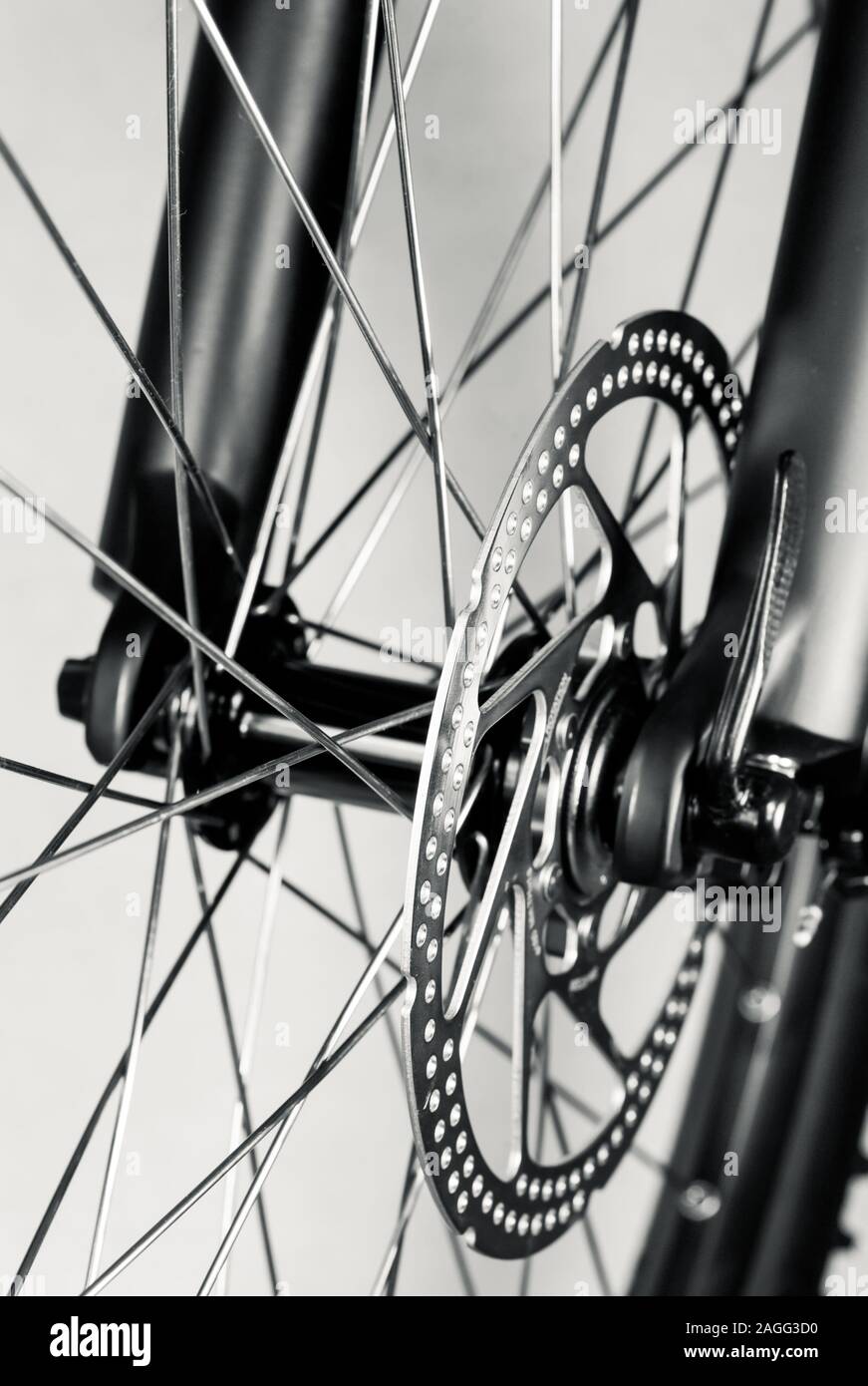 Mountain bike front wheel with mechanical disc brake Stock Photo