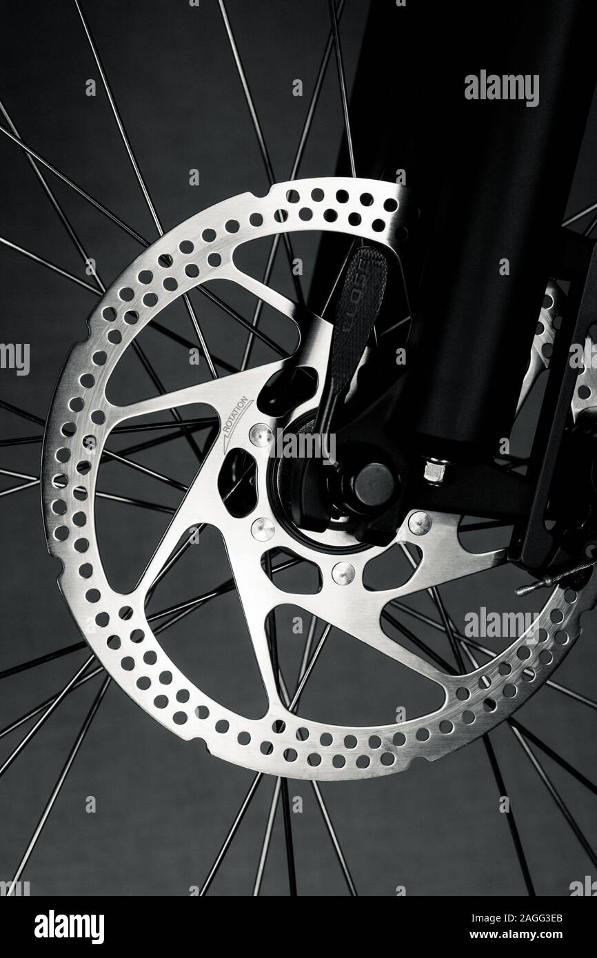 Mountain bike front wheel with mechanical disc brake Stock Photo Alamy