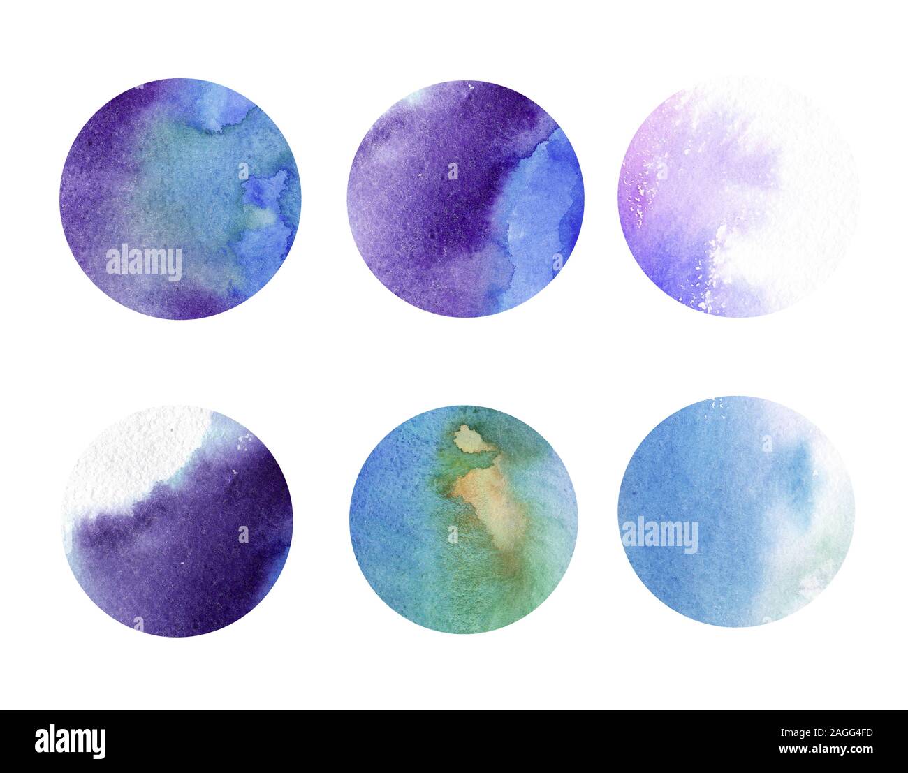 Watercolor set of circles. Hand painted abstract texture backgrounds. Hand drawn illustration. Round elements. Stock Photo