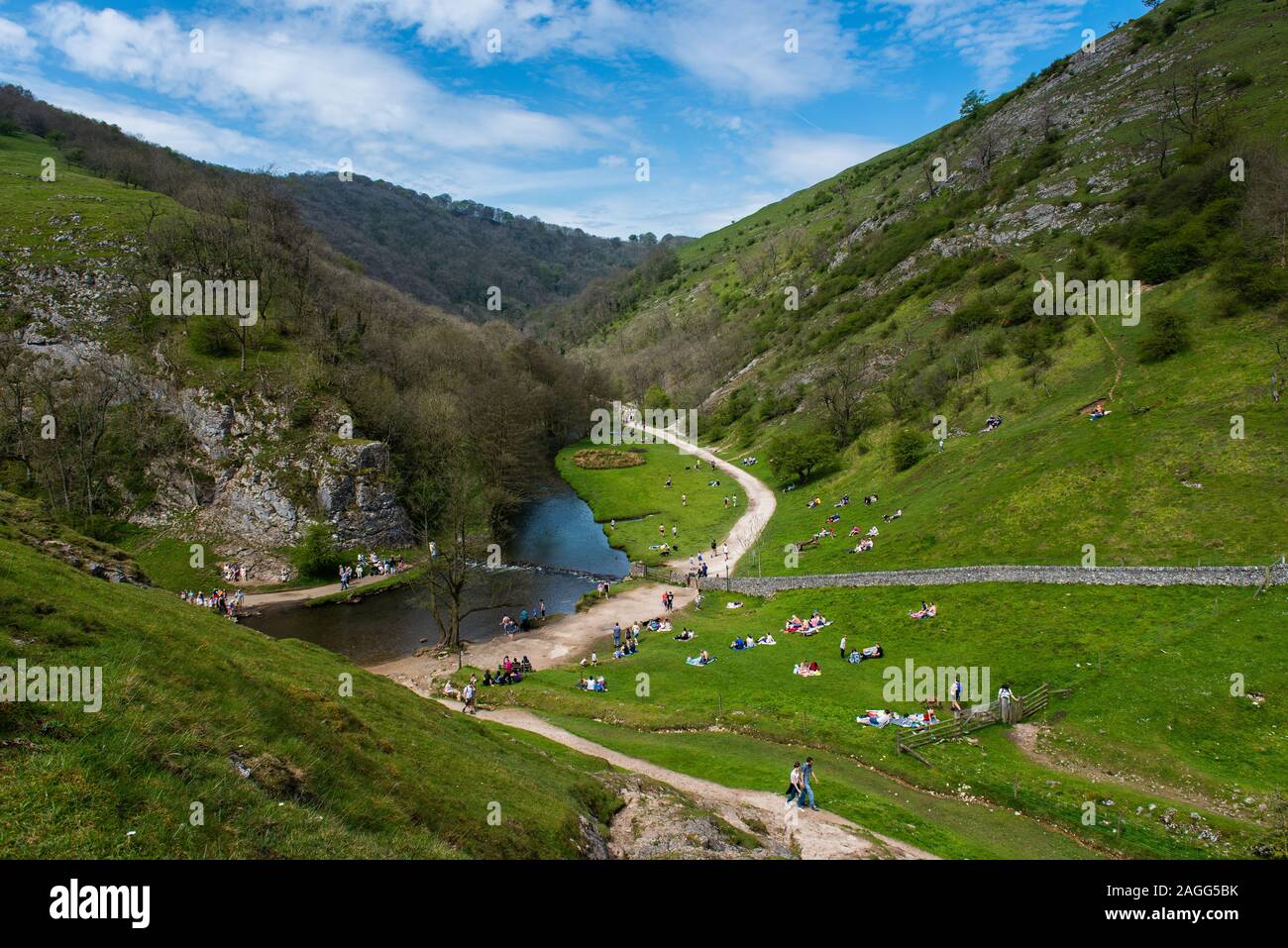Aerial views of the stunning Dovedale stepping stones and mountains in the glorious Peak District national park, the meandering river Dove Stock Photo