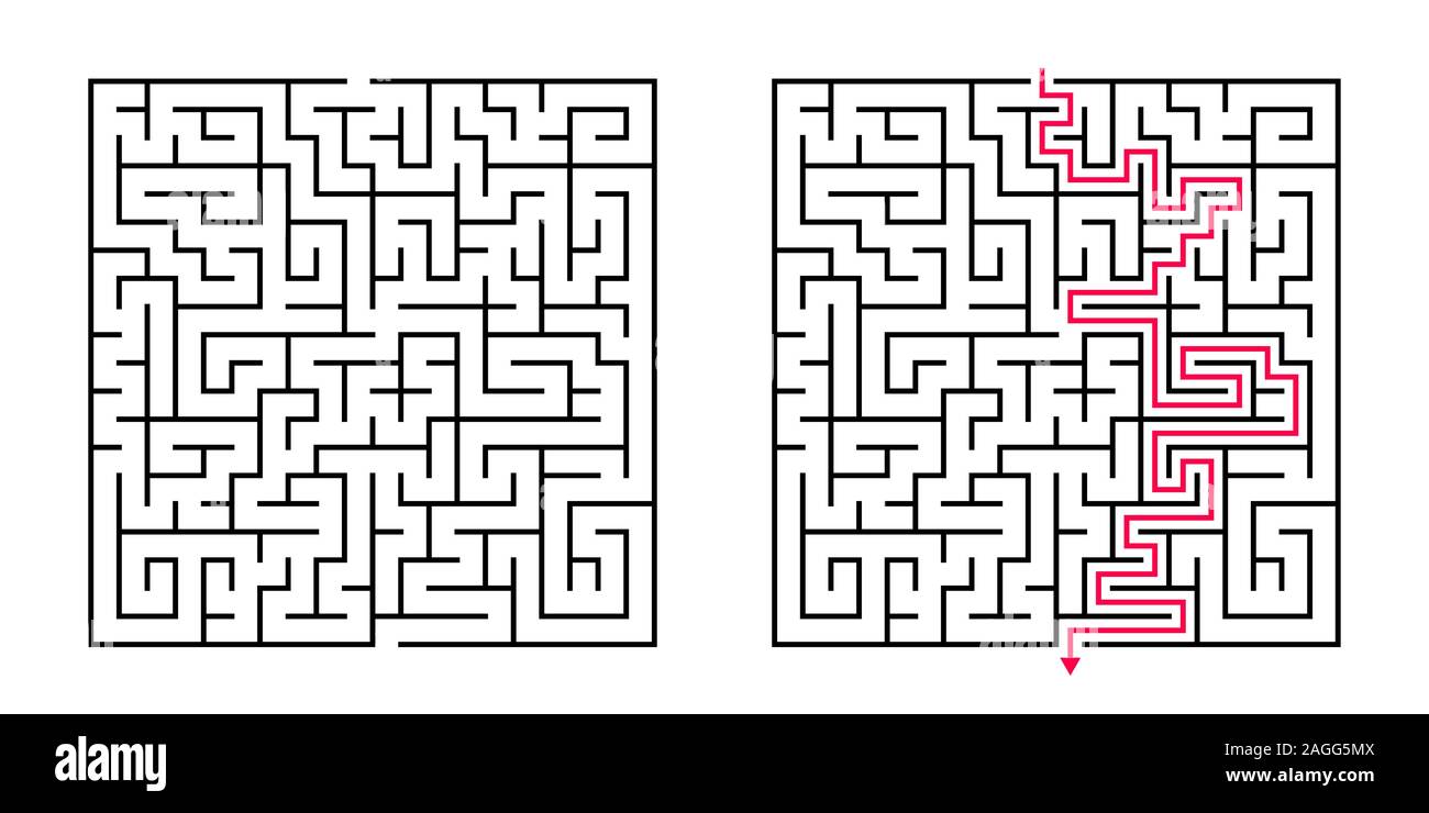 Vector Square Maze Labyrinth With Included Solution In Black