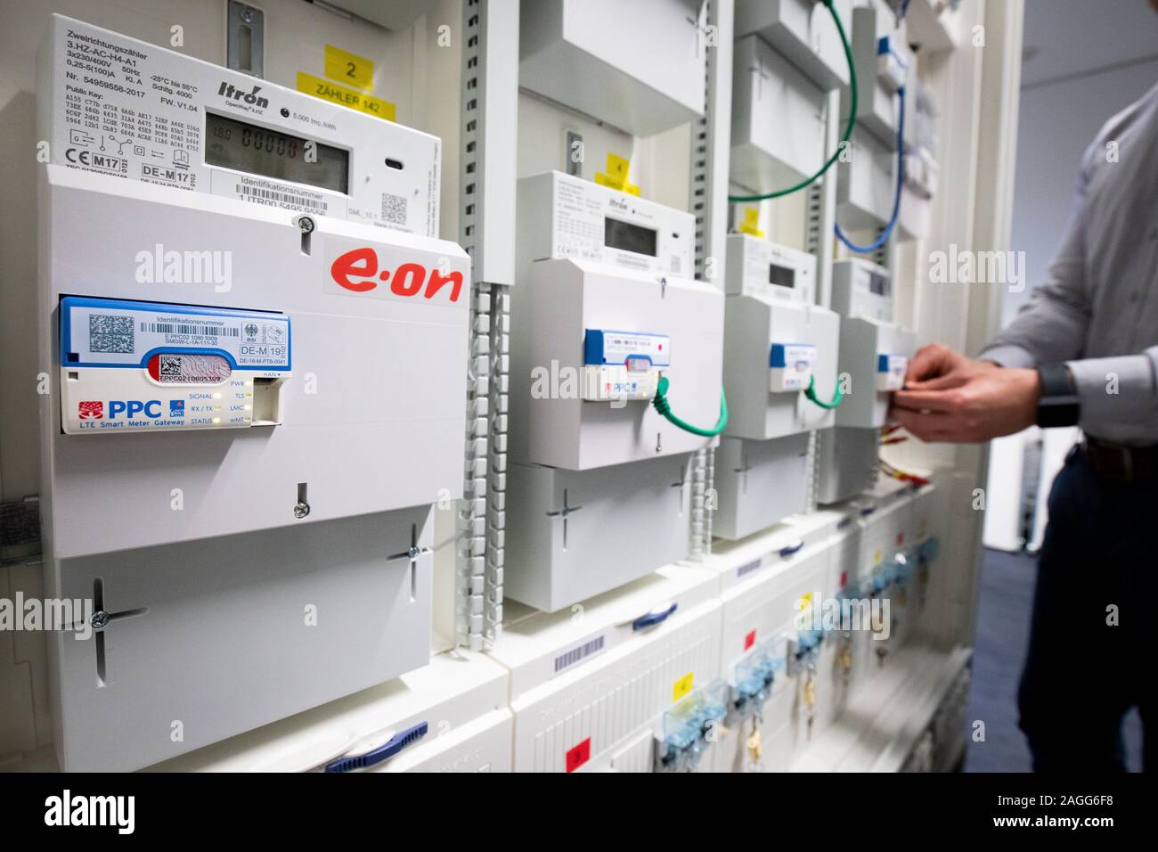 18 December 2019, Hamburg: Intelligent measurement systems for electricity  from the energy supplier Eon, equipped with