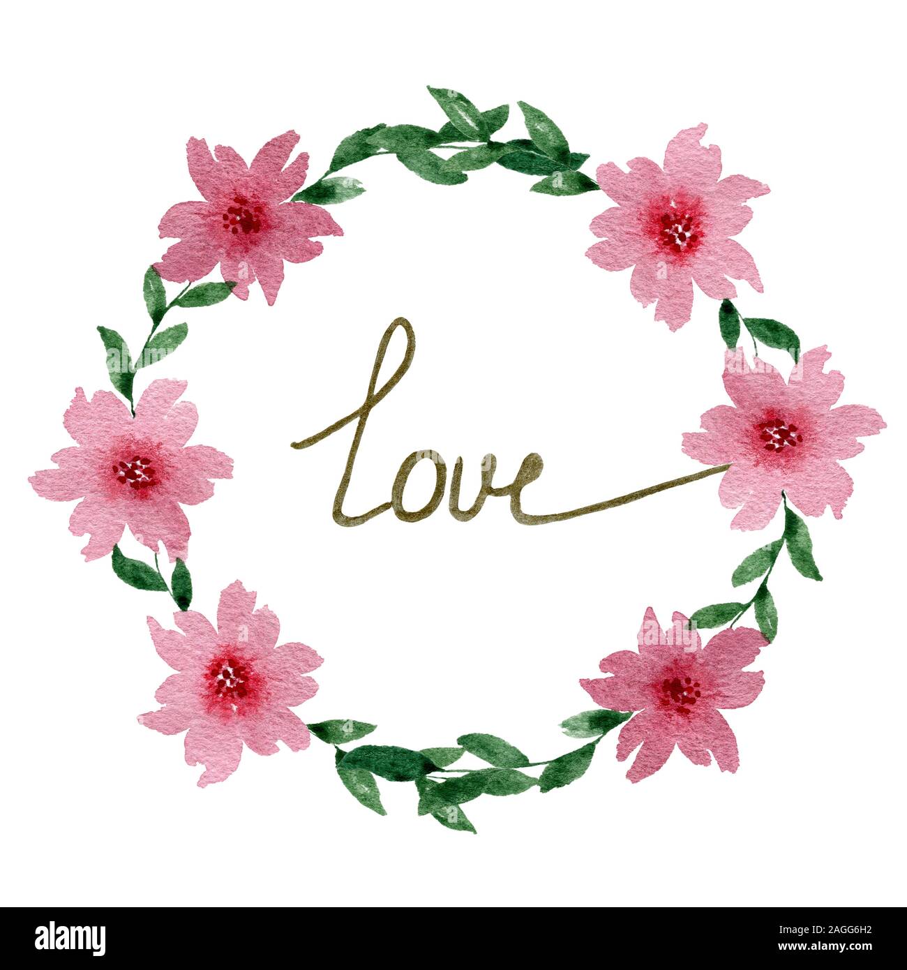 watercolor floral wreath with hand written love word in middle, valentine's day and mother day card design Stock Photo