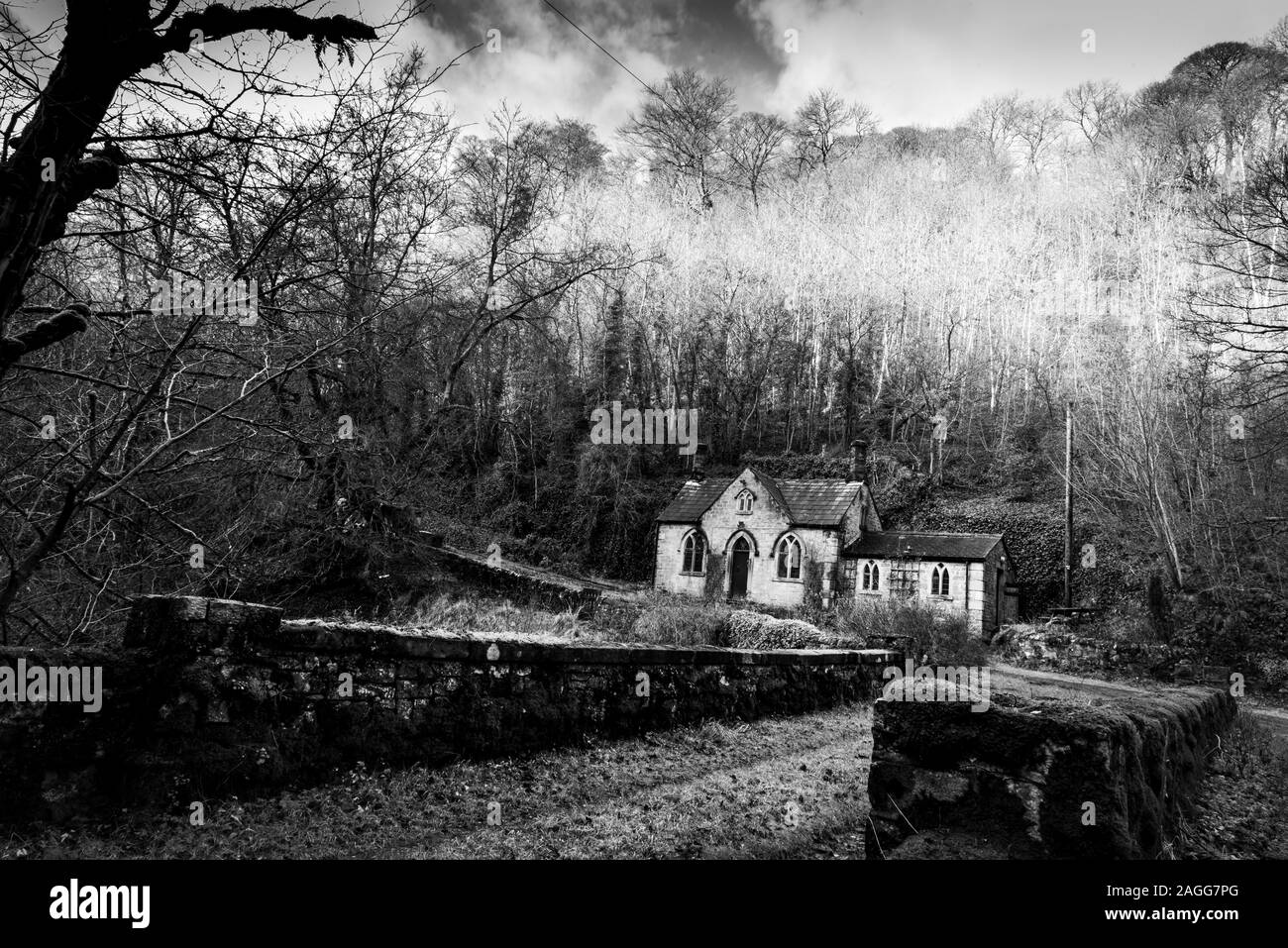 An old scary, spooky abandoned house, church in the woods, located in
