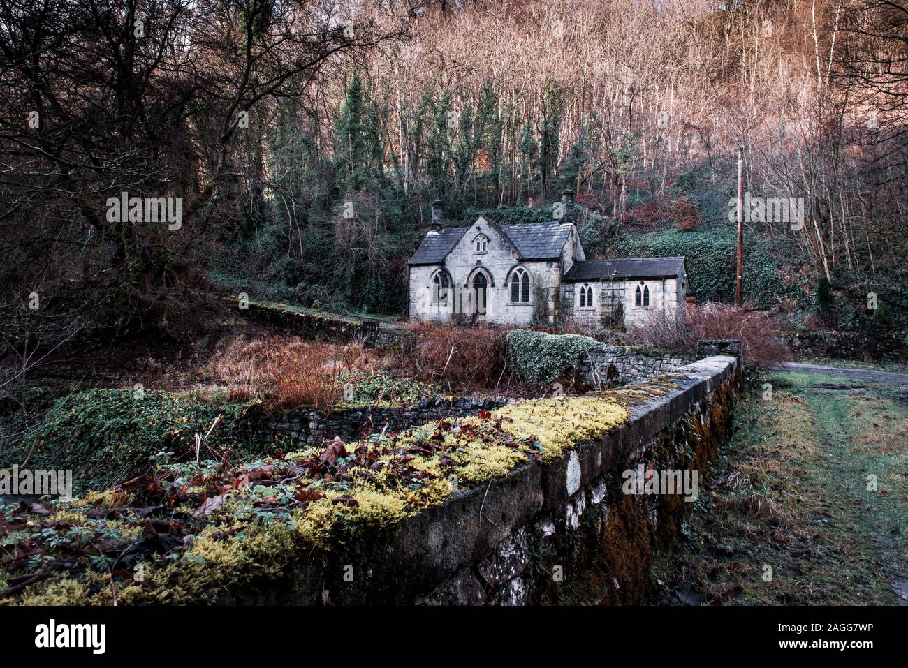 An old scary, spooky abandoned house, church in the woods, located in