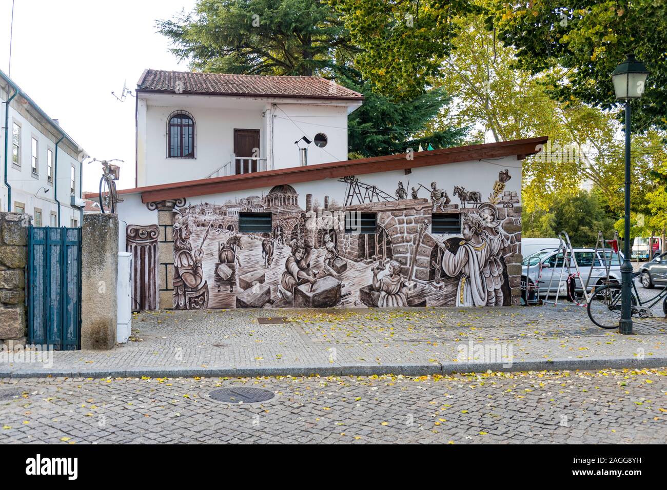 Chaves and Madalena, Portugal. Mural celebrating the original Roman bridge across the Rio Tamega Stock Photo