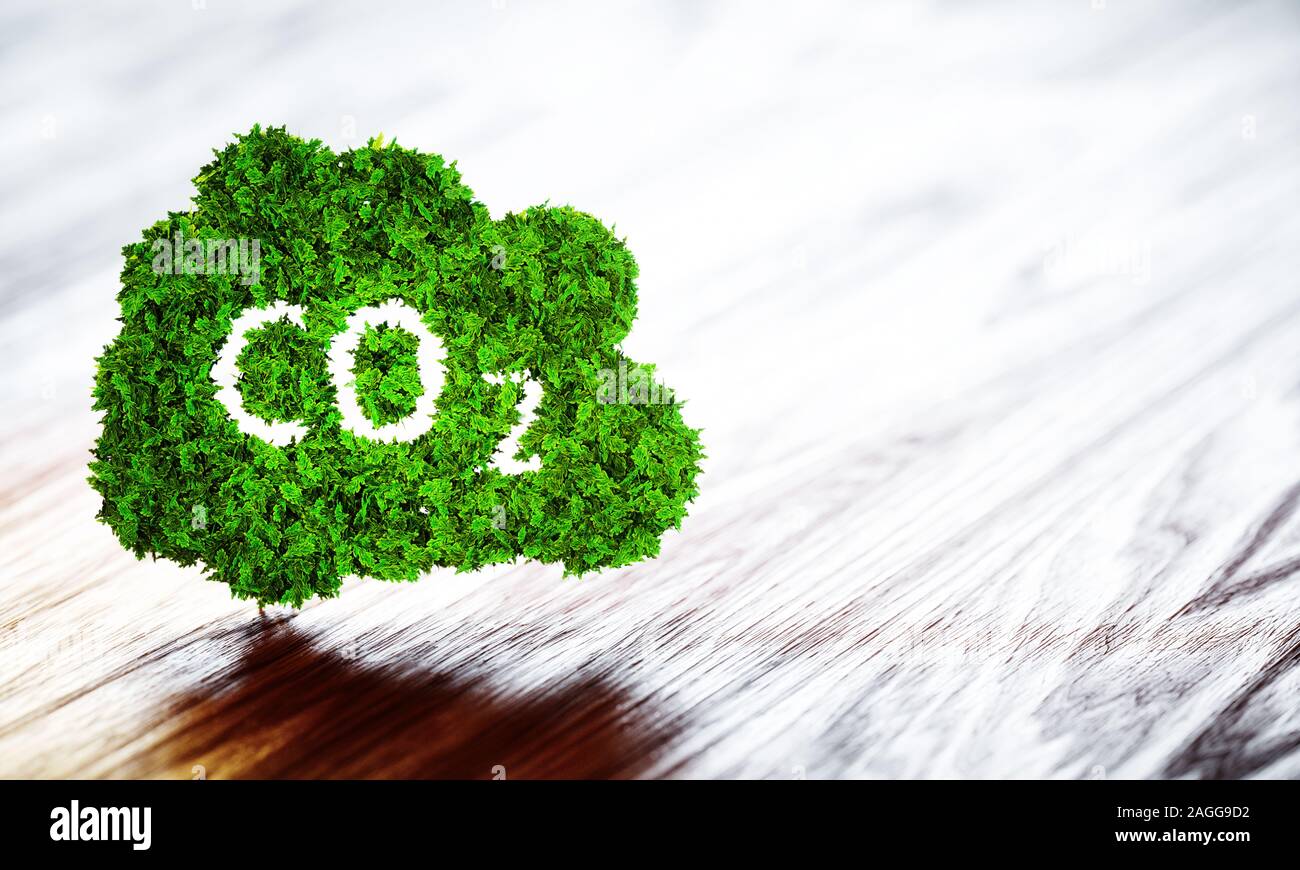 Green ecology CO2 icon on wooden background. 3d illustration. Stock Photo
