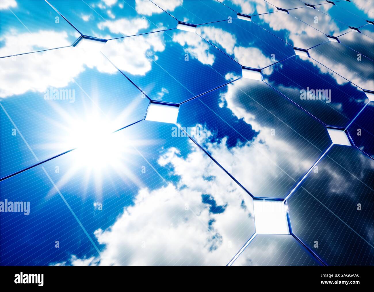 Solar energy concept. Blue sky reflection on photovoltaic panel. 3D ...